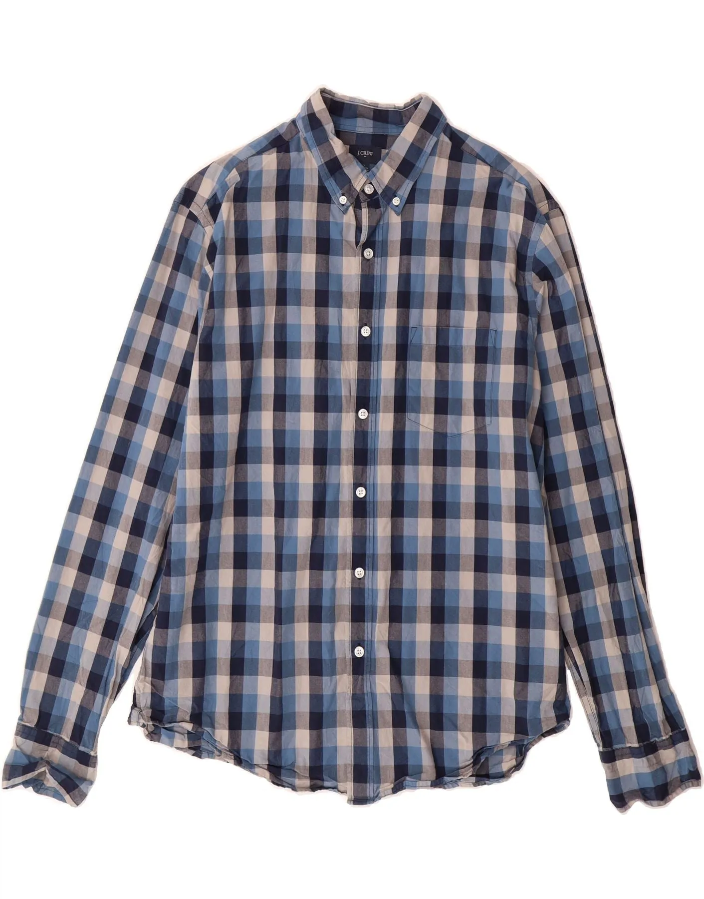 J. CREW Mens Shirt Large Navy Blue Check Cotton Tailored Silhouette