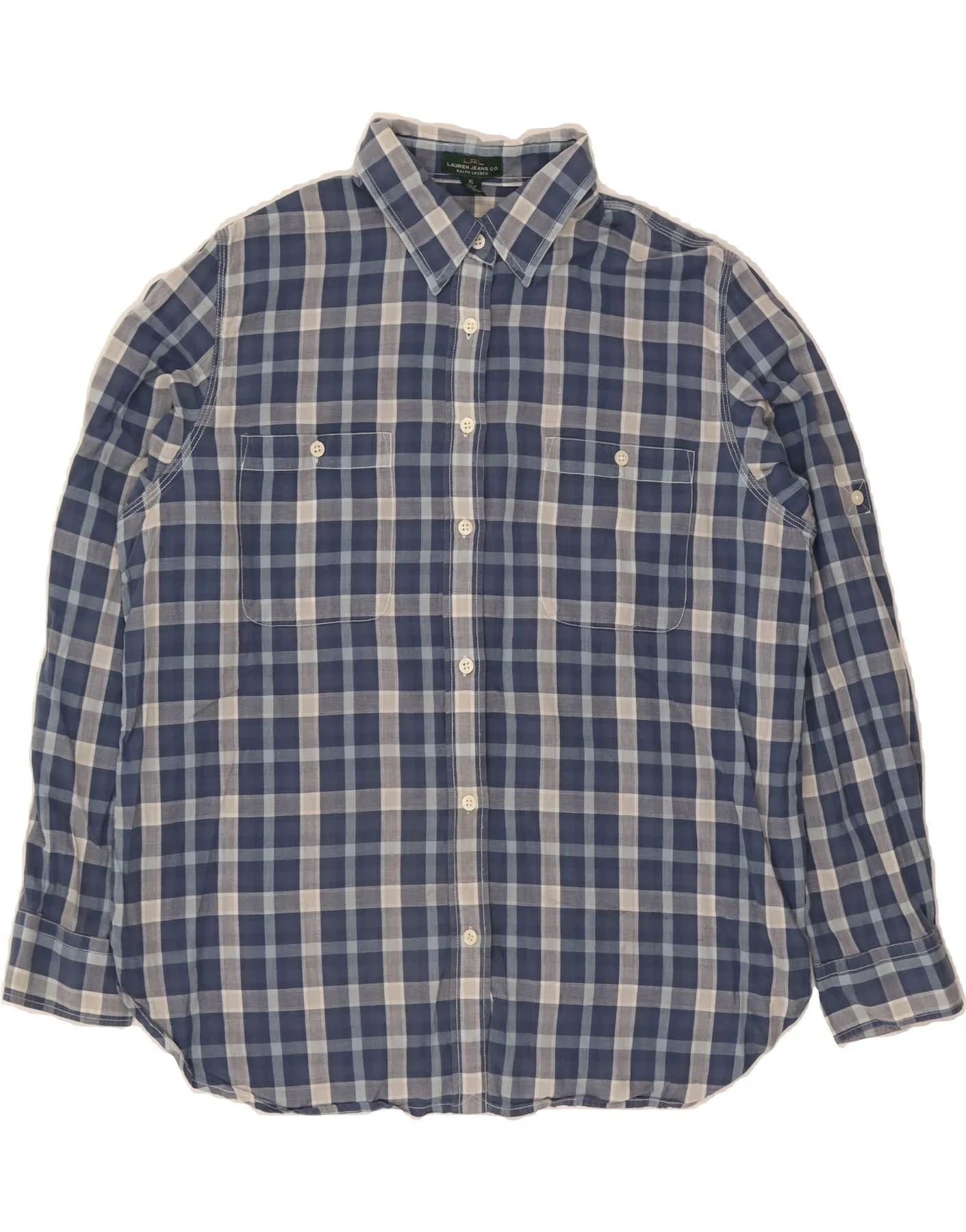 RALPH LAUREN Womens Shirt UK 18 XL Navy Blue Check Cotton High-Quality Fabric Short Sleeve