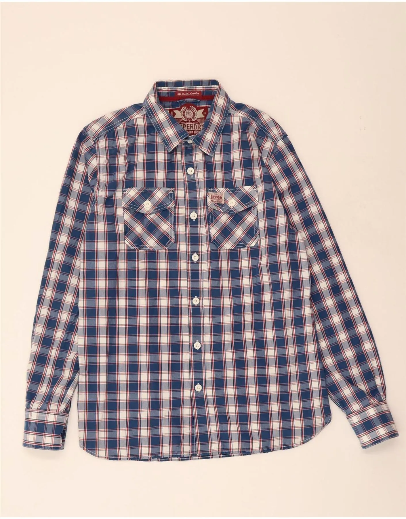 SUPERDRY Mens Shirt XL Blue Check Cotton Festival Fashion Elegant Finish