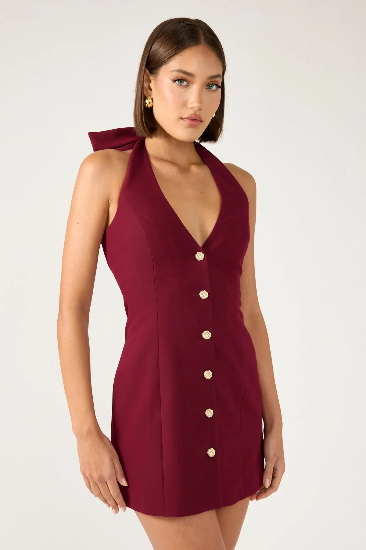 Perfect Stranger Halter Suiting Vest Mini Dress Burgundy Shrink Resistant Fabric