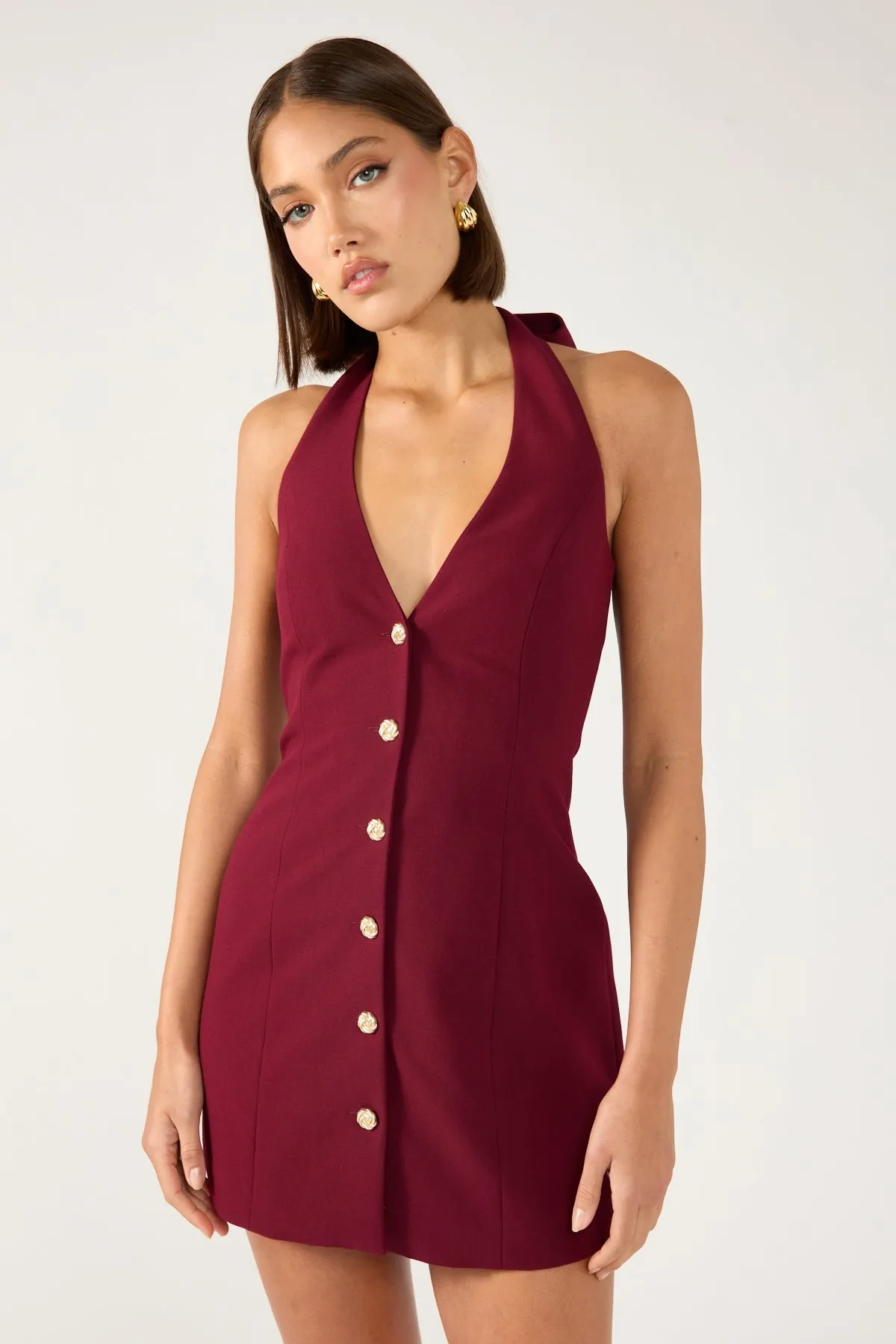Silk Perfect Stranger Halter Suiting Vest Mini Dress Burgundy