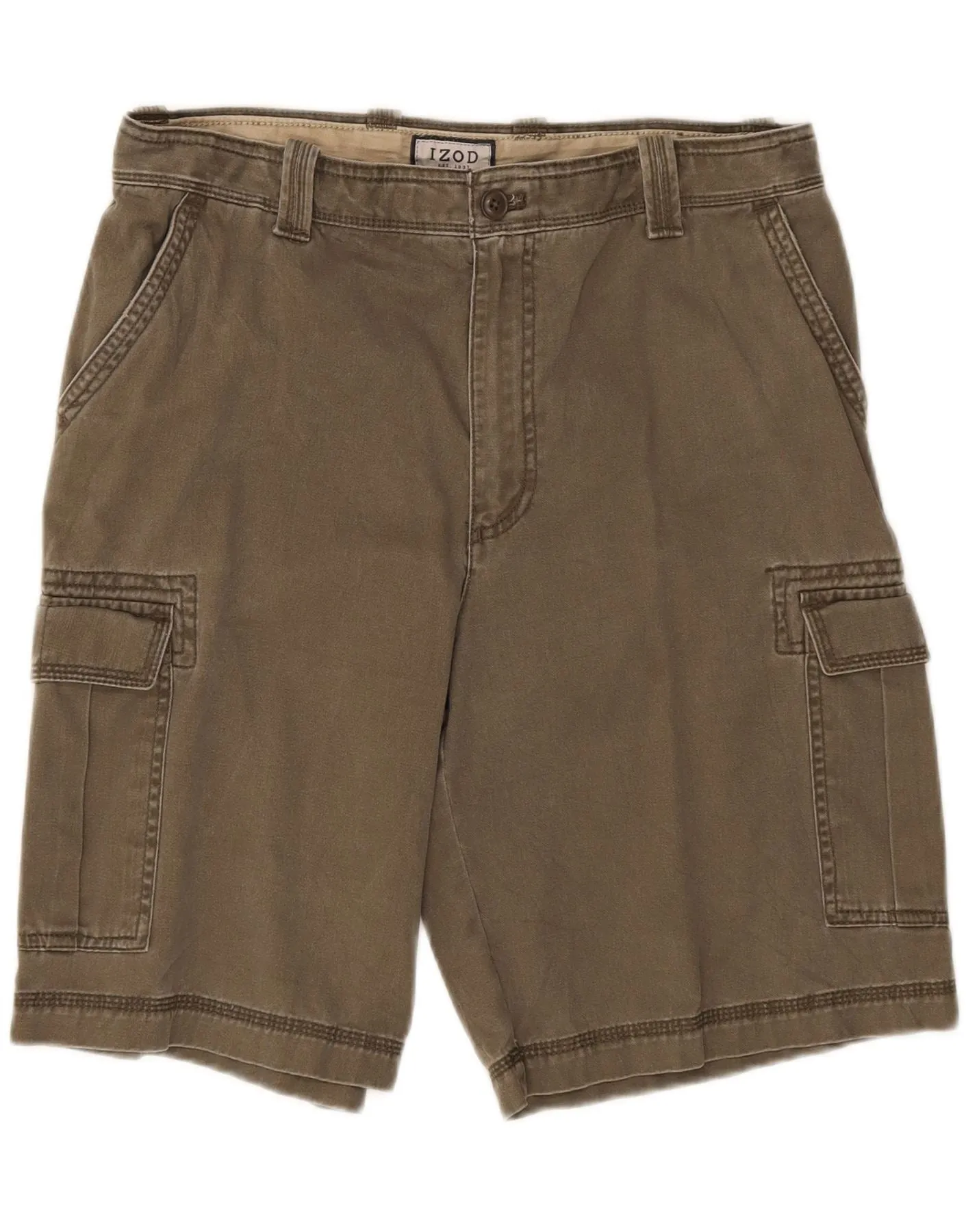 IZOD Mens Cargo Shorts Small W34 Khaki Cotton Freestyle Fit StretchWaistband