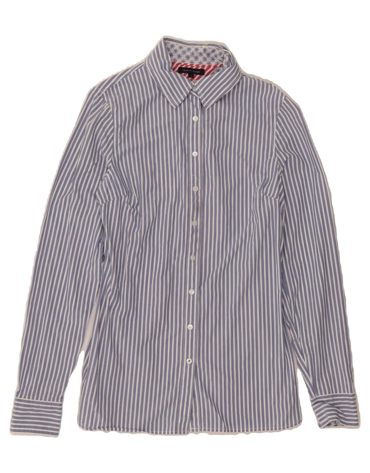 Customizable Option Zip Front TOMMY HILFIGER Womens Shirt US 6 Medium Blue Pinstripe Cotton