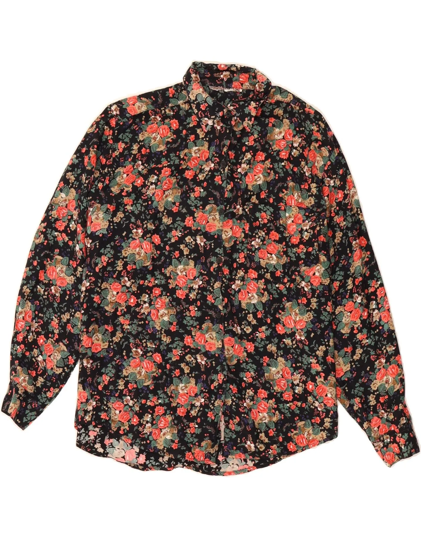 VINTAGE Womens Shirt UK 14 Large Black Floral Abrasion Resistant Edges