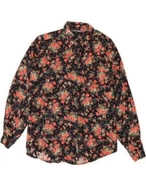 VINTAGE Womens Shirt UK 14 Large Black Floral Abrasion Resistant Edges