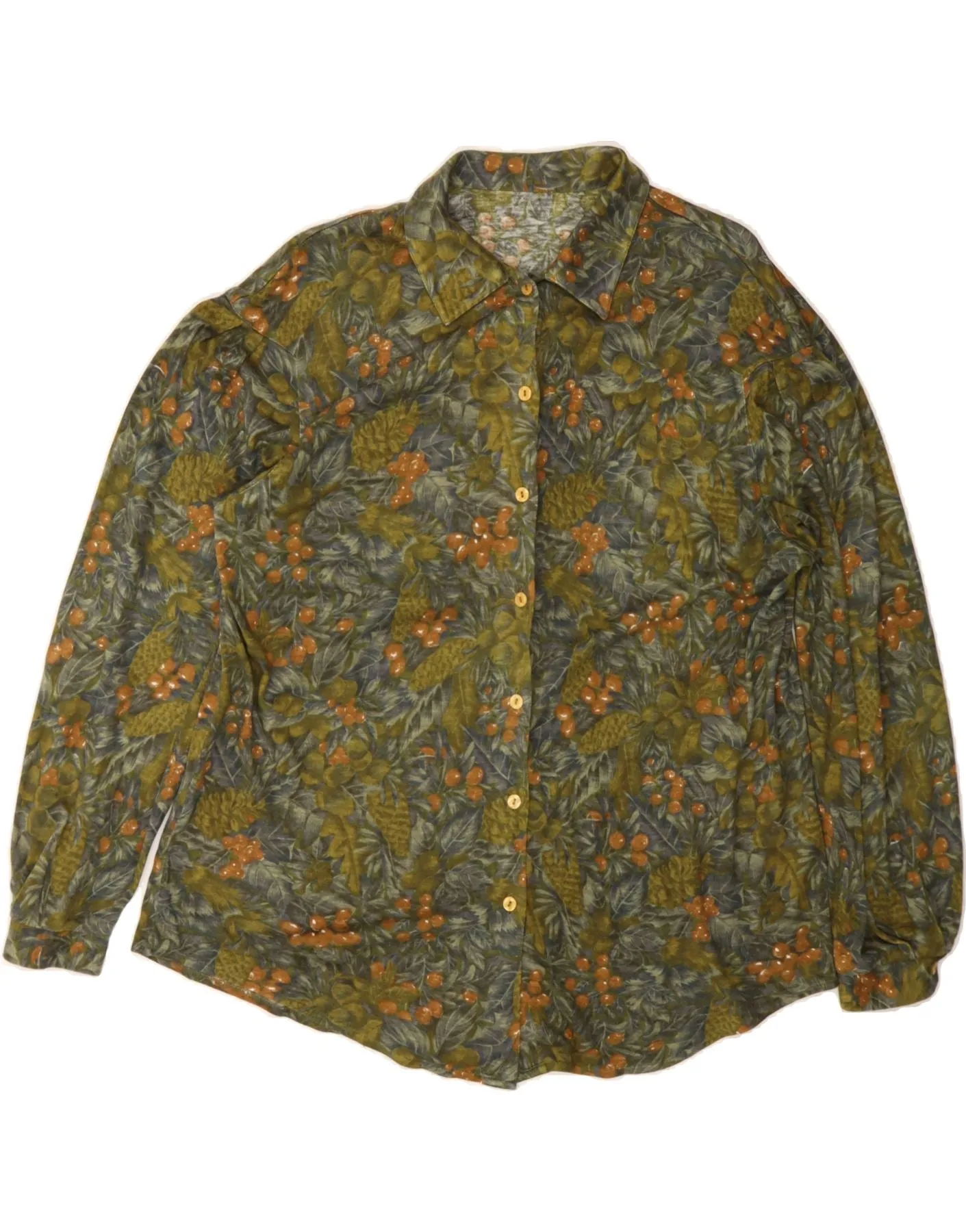 VINTAGE Womens Shirt Blouse UK 16 Large Khaki Floral Polyacrylic Limited Edition