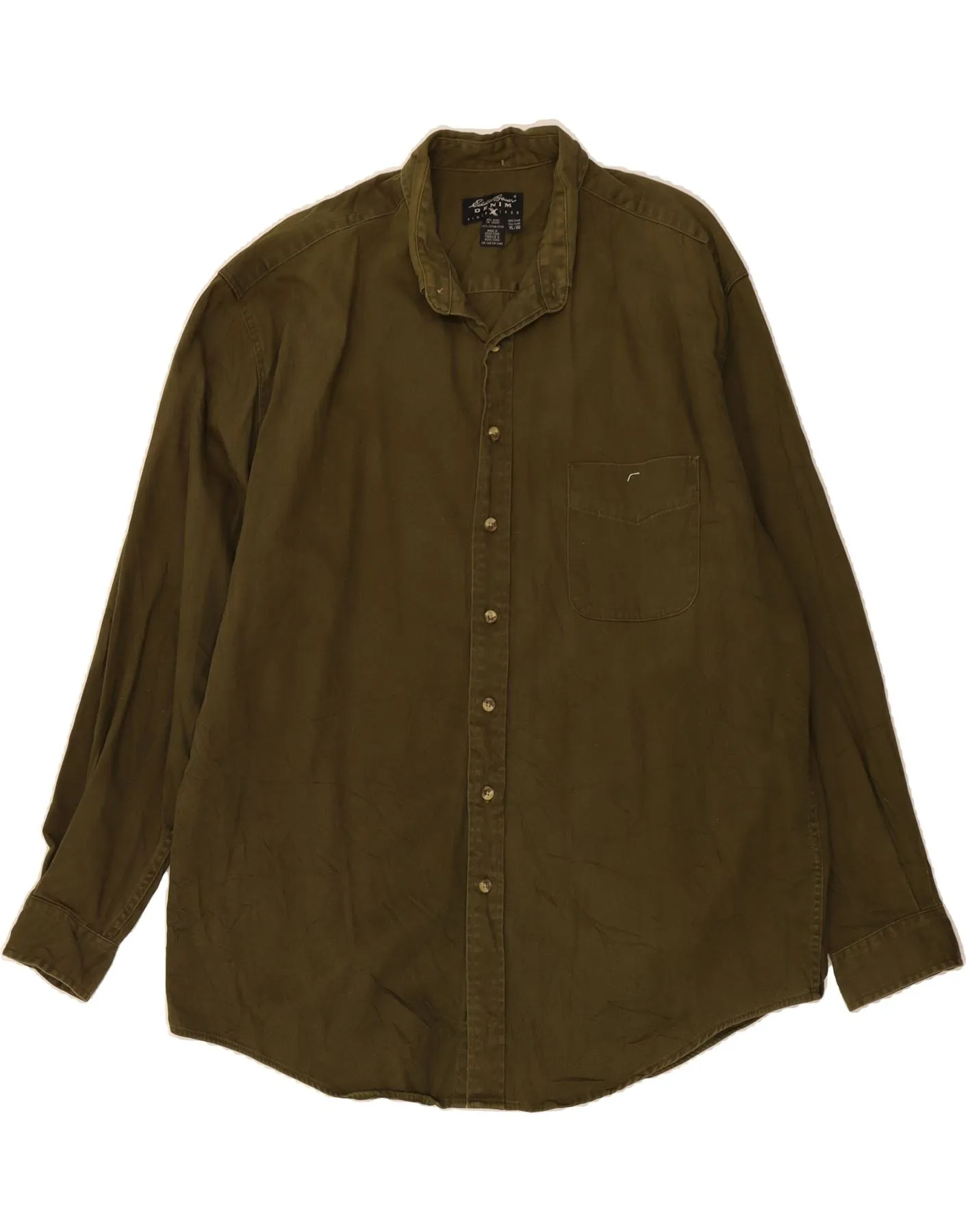 EDDIE BAUER Mens Denim Shirt XL Khaki Cotton Abrasion resistant Cuffed hem