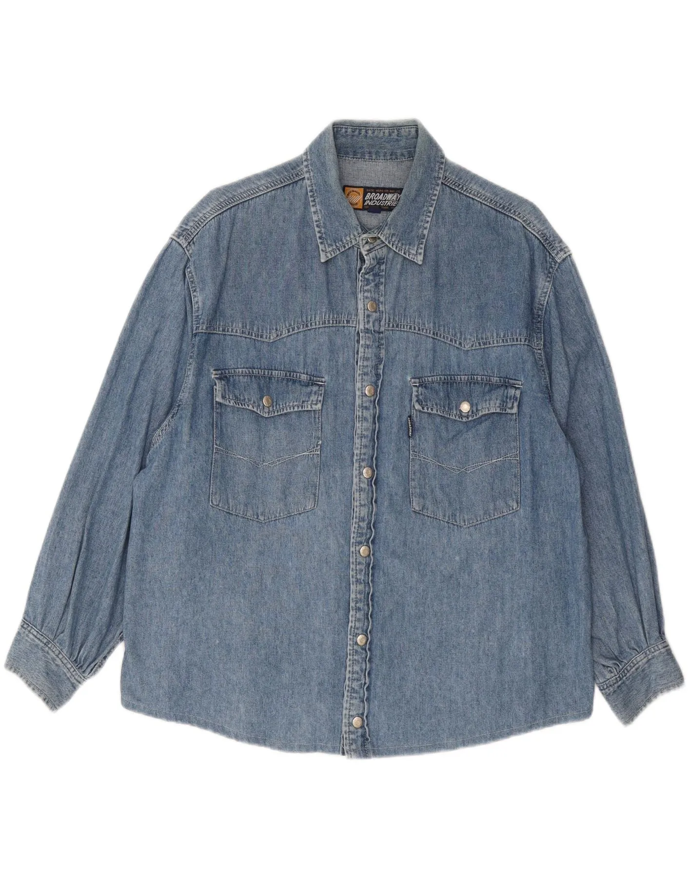 BROADWAY Mens Denim Shirt Large Blue Cotton No Chafe Edging Denim Blend