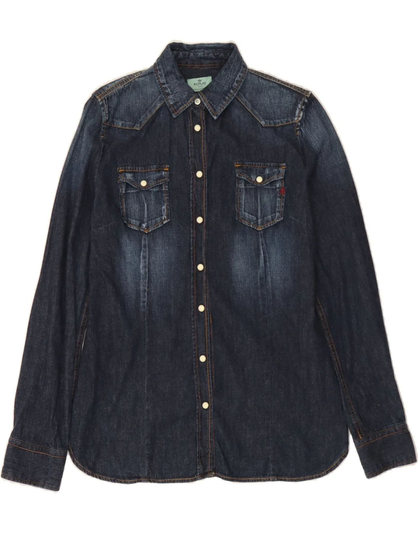Urban Trend Hooded Neckline REPLAY Womens Denim Shirt UK 12 Medium Navy Blue Cotton