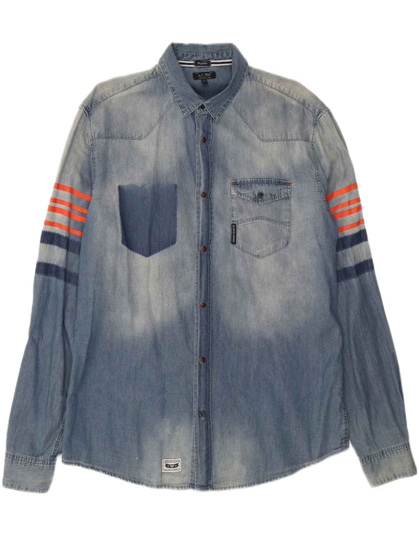 ARMANI JEANS Mens Denim Shirt XL Blue Colourblock Cotton Brushed Inner Lining Soft Collar Design
