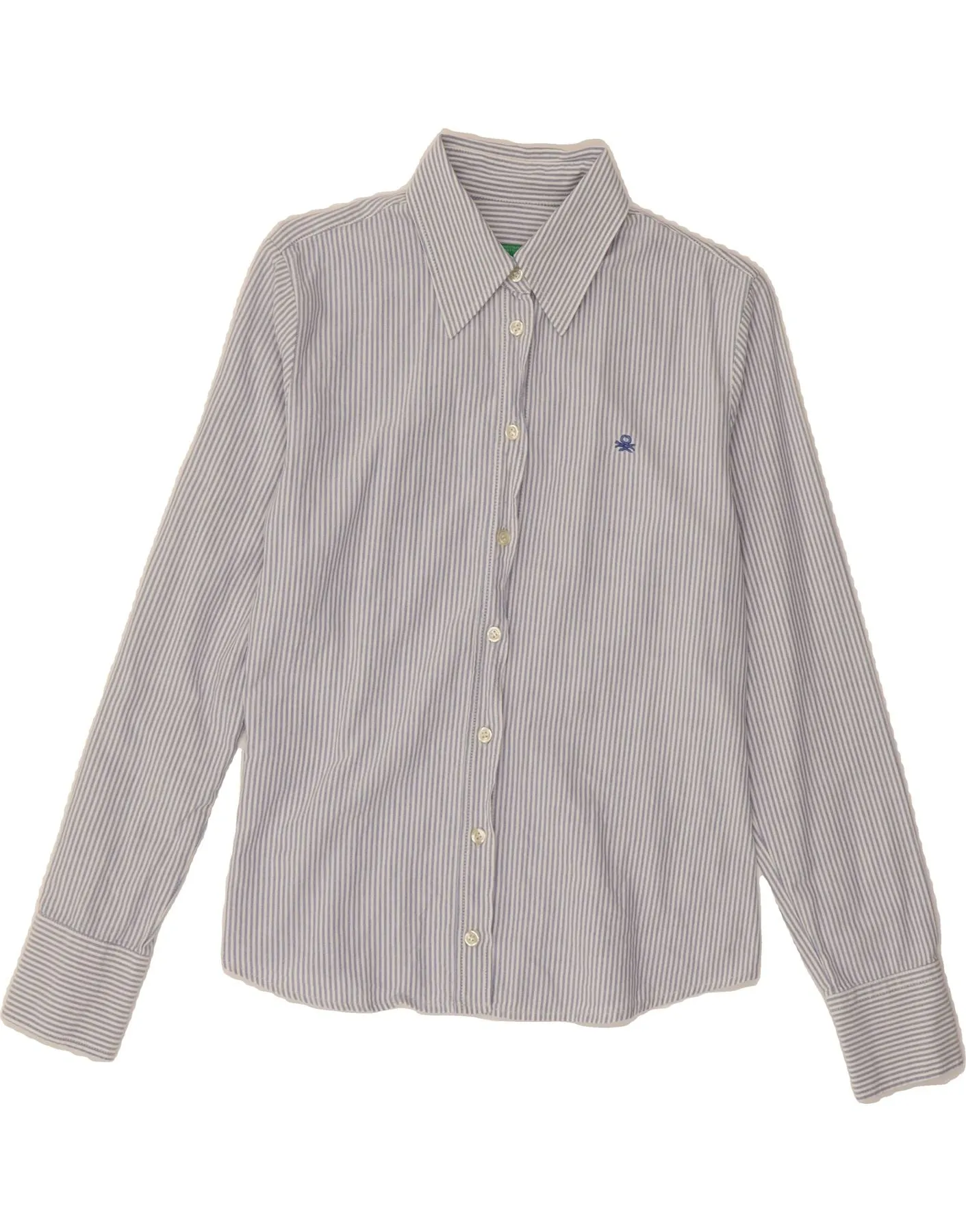 BENETTON Womens Shirt UK 12 Medium Blue Pinstripe Reinforced Buttonholes Versatile Styling