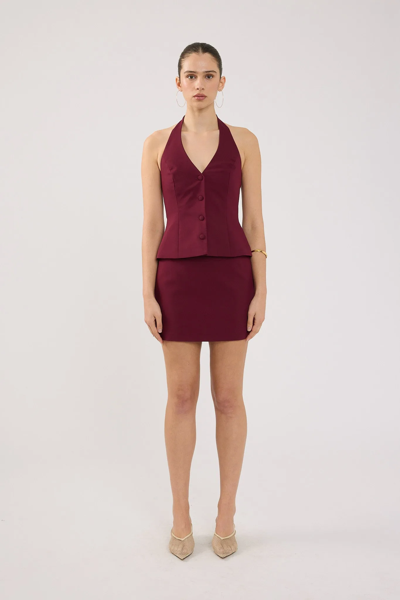 minus Honor Perfect Stranger Luca Halter Tailored Vest Burgundy