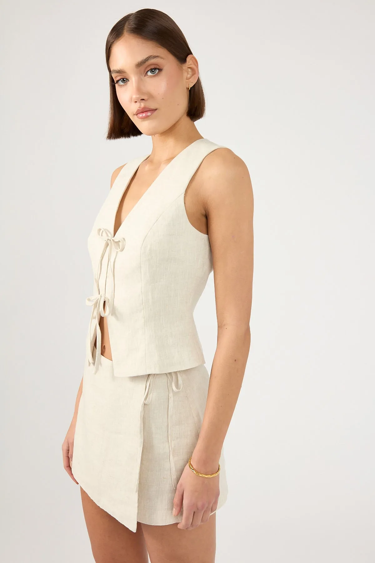 Perfect Stranger Linen Tie Up Vest Top Oatmeal Non Restrictive Cut