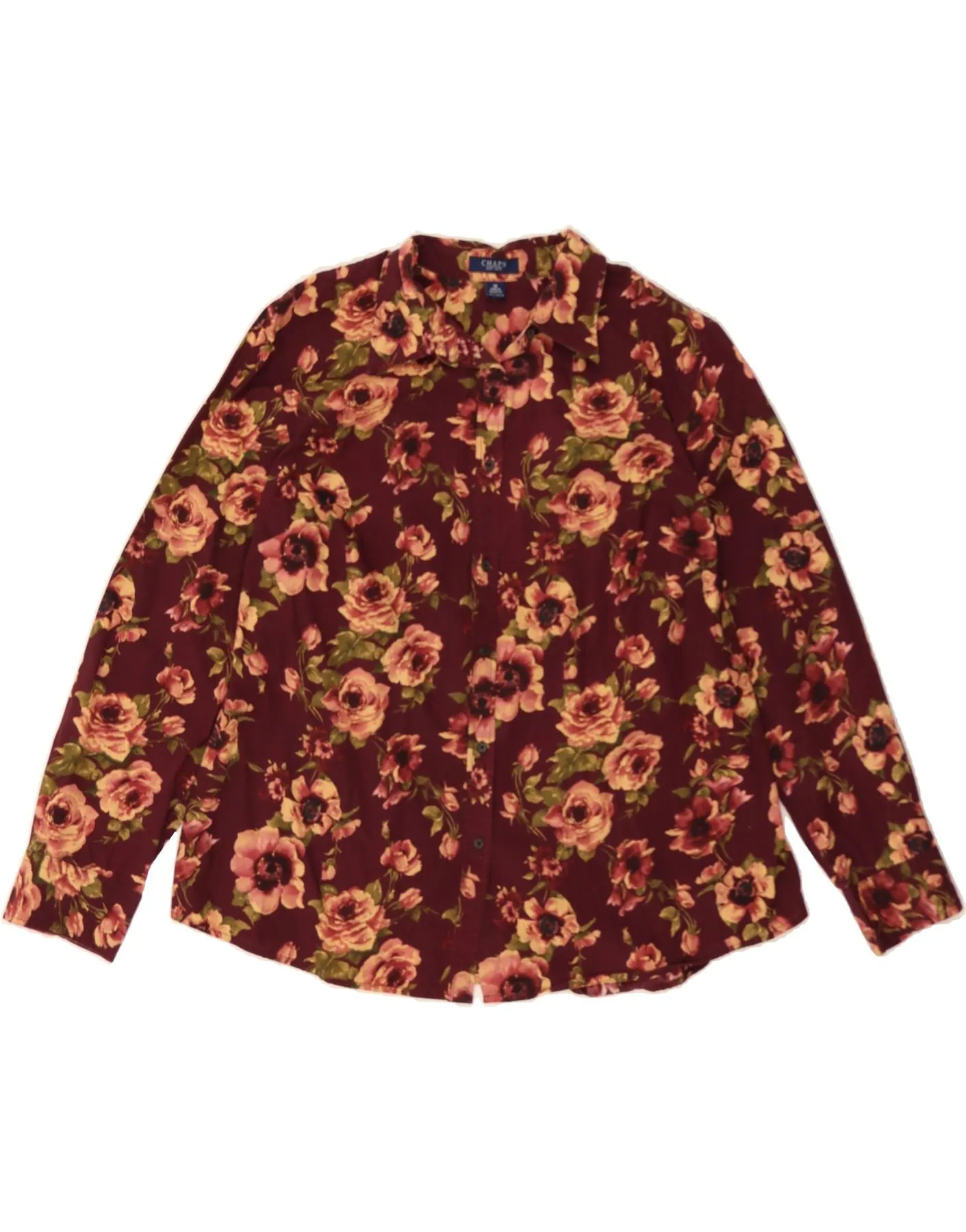 Layered Collar Double Needle Hemming CHAPS Womens Shirt Blouse UK 18 XL Burgundy Floral Cotton