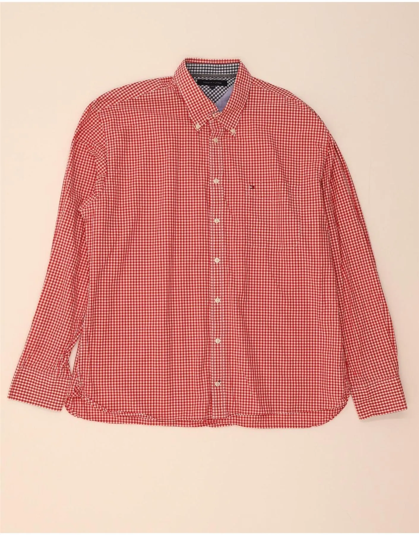 Premium Pima Cotton Polished Placket TOMMY HILFIGER Mens Shirt 2XL Red Gingham Cotton