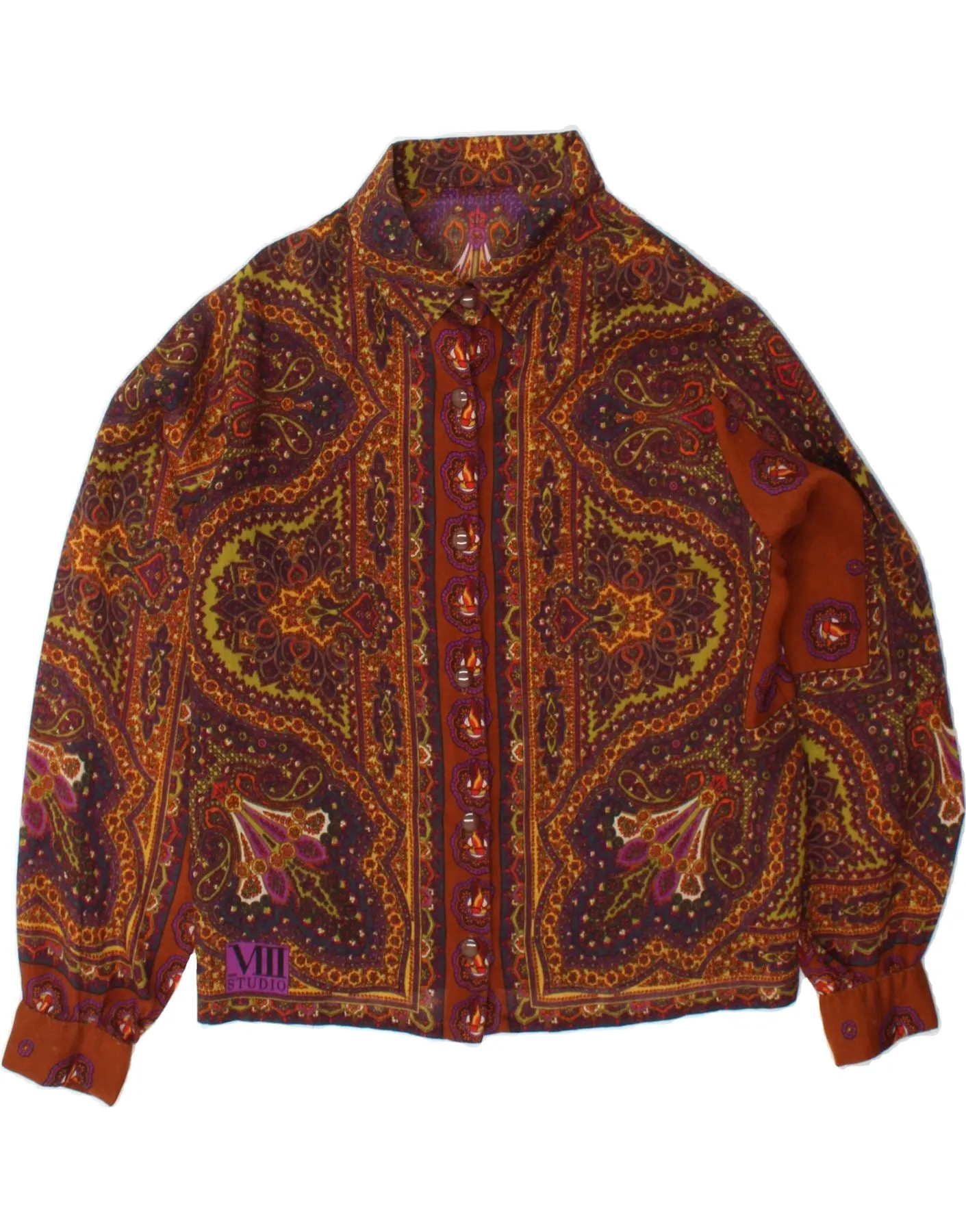 VINTAGE Womens Shirt Blouse UK 14 Large Brown Paisley Tropical theme