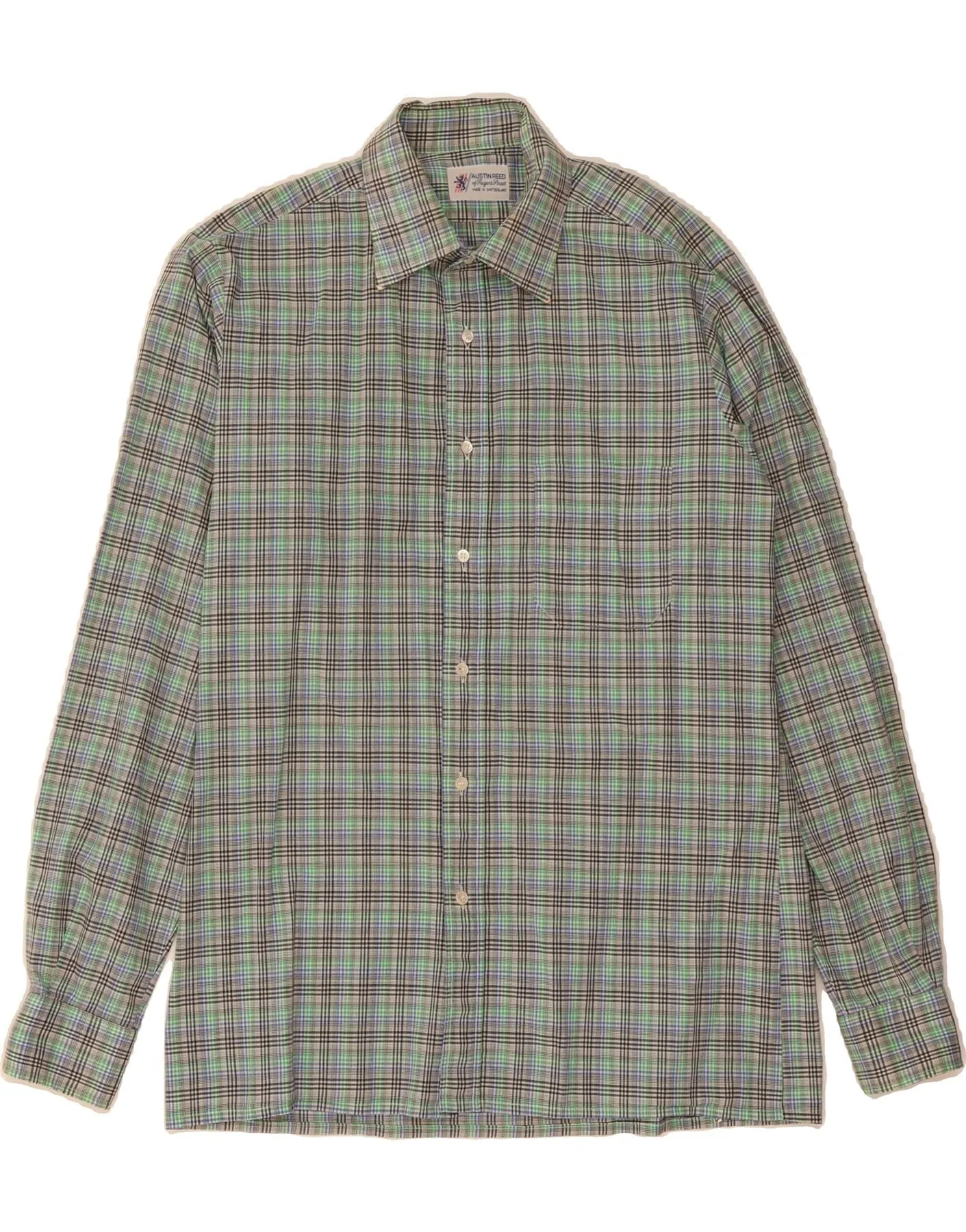 AUSTIN REED Mens Shirt Size 38/15 Medium Green Check Cotton Flexible Placket Structure Outerwear Companion