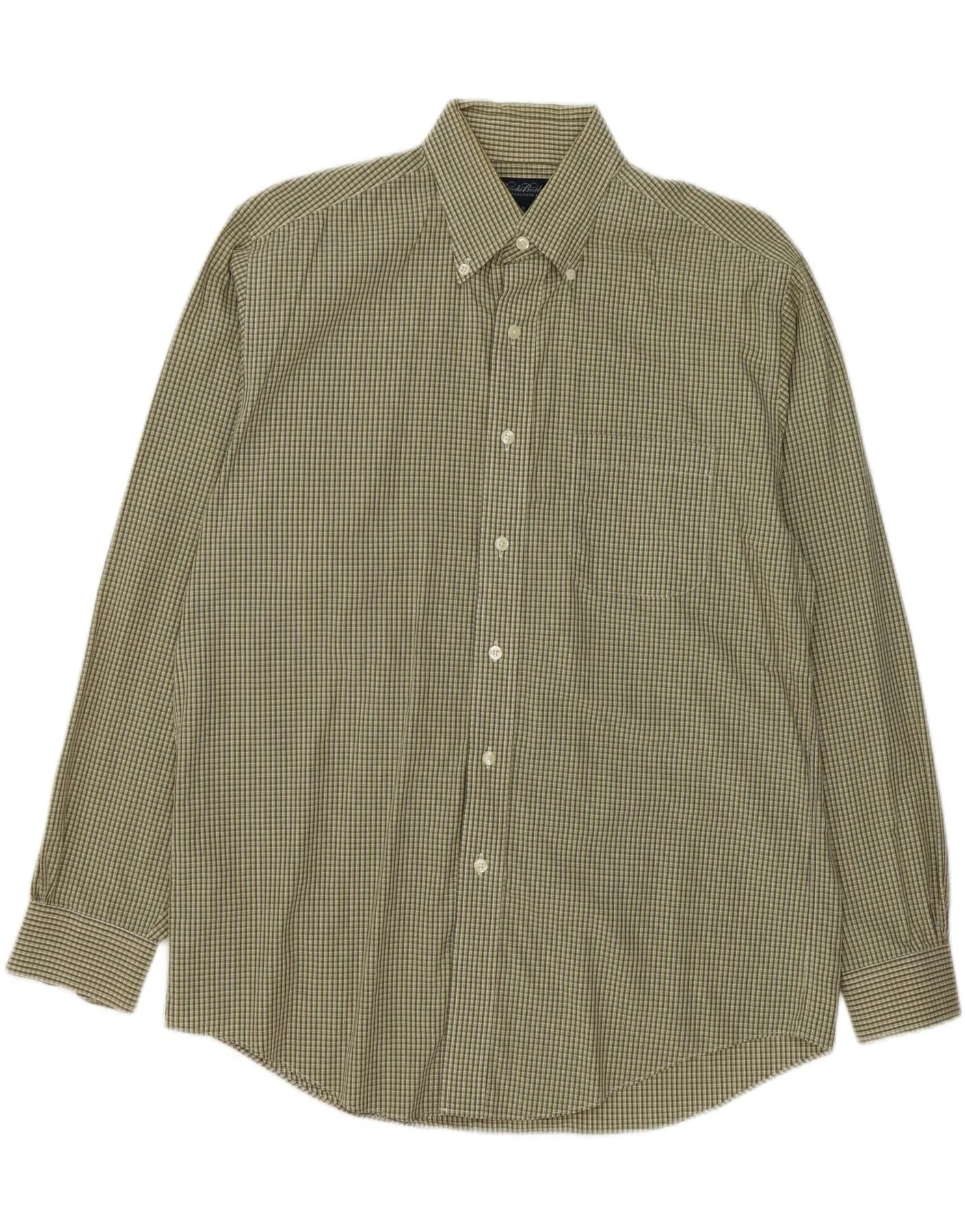 BROOKS BROTHERS Mens Shirt Medium Khaki Gingham Cotton color block Functional Design