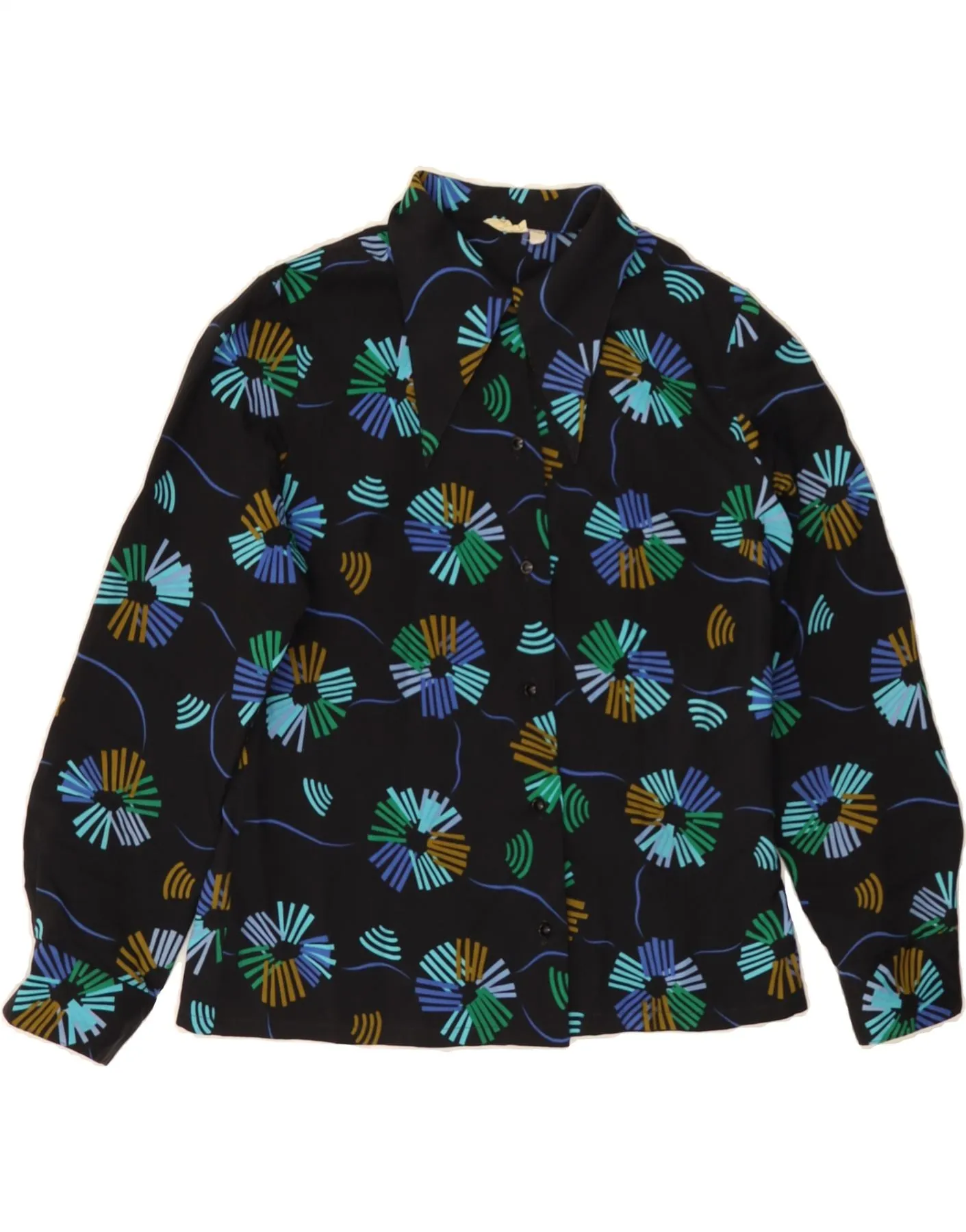 Geometric Shape Layered Sleeve Cuffs VINTAGE Womens Shirt Blouse IT 42 Medium Navy Blue Floral Polyester