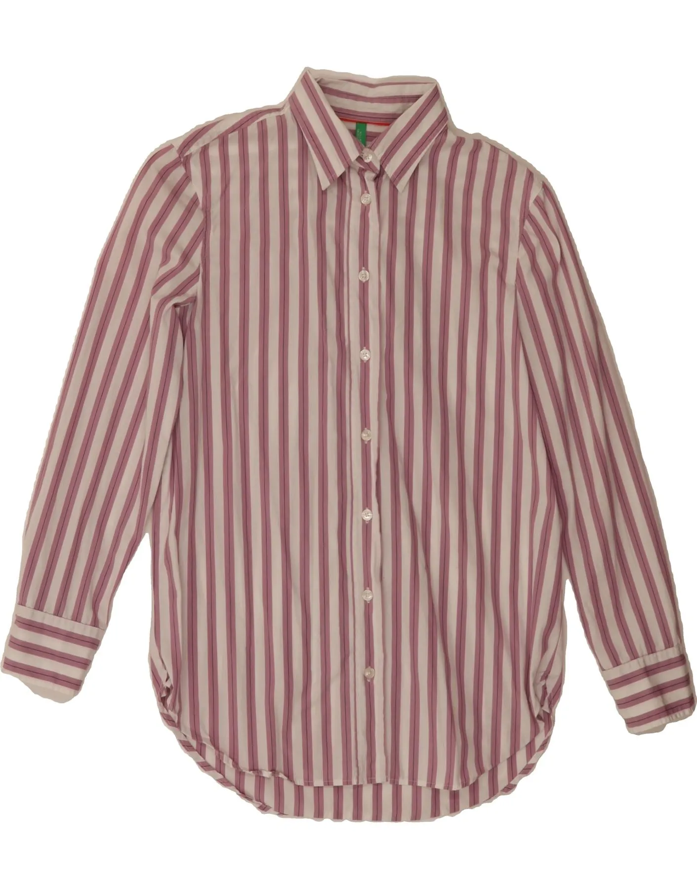BENETTON Womens Shirt UK 6 XS Pink Pinstripe Cotton Breathable Cotton Layered Hemline
