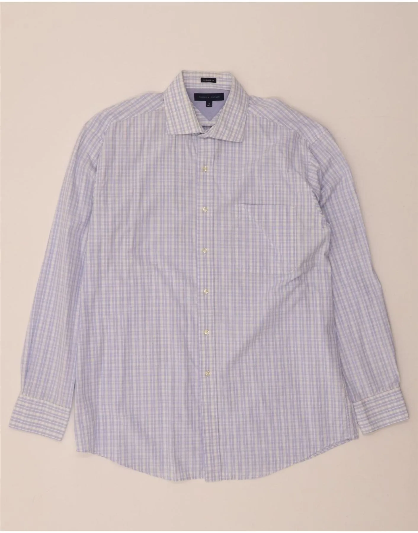 TOMMY HILFIGER Mens Regular Fit Shirt Size 16 Large Blue Check Cotton Summer Vibes Perfect Fit