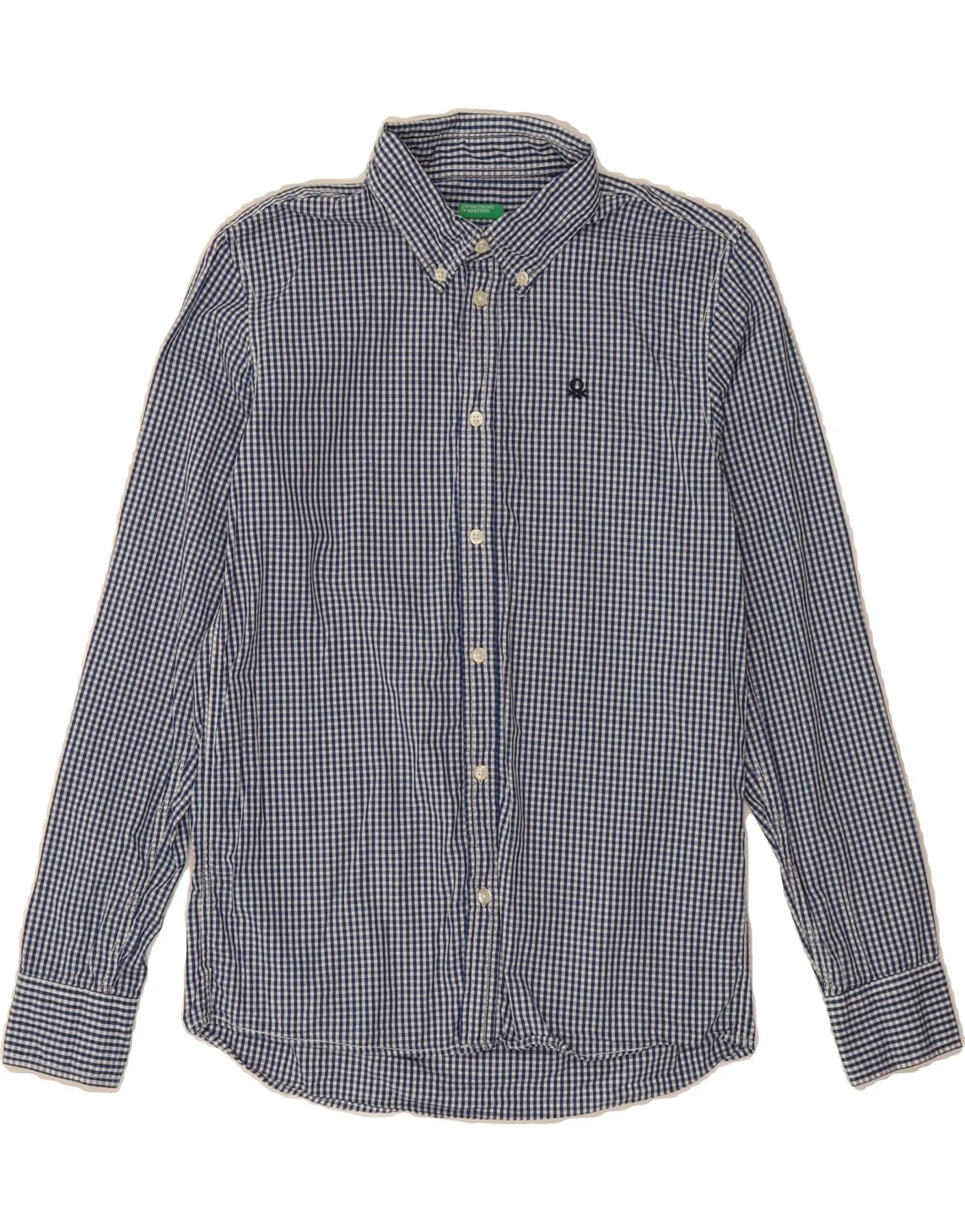 BENETTON Womens Shirt UK 12 Medium Navy Blue Gingham Cotton holiday season Stylish Design