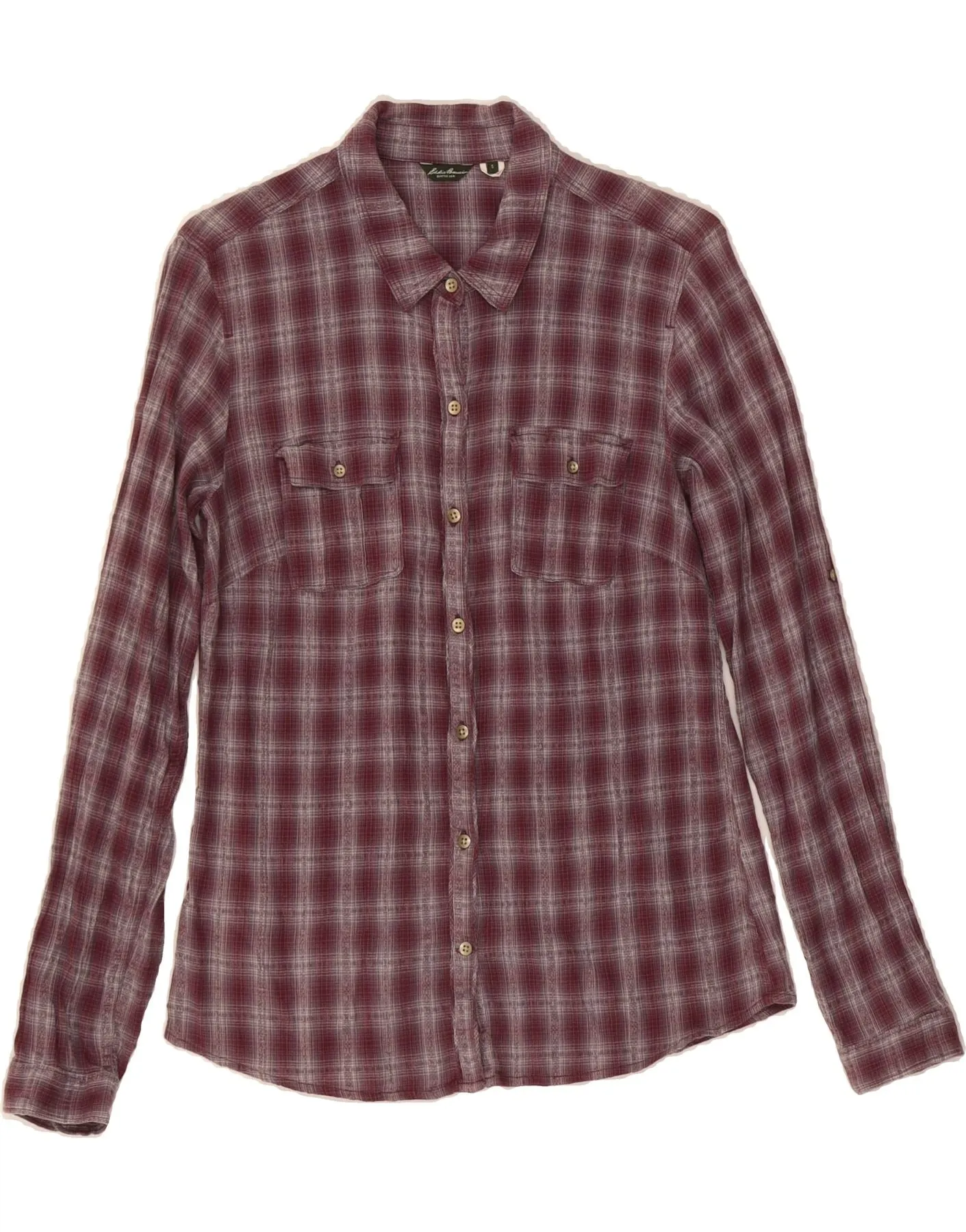 Micro Perforated Texture EDDIE BAUER Womens Shirt UK 10 Small Burgundy Check Cotton