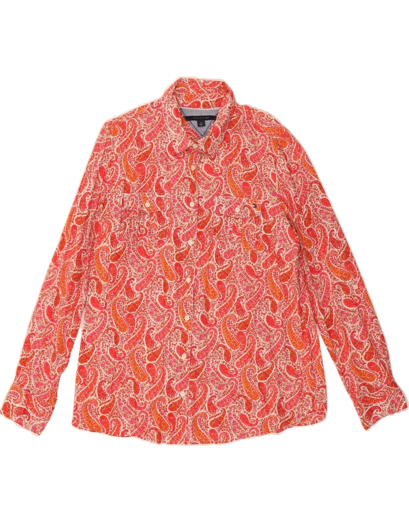TOMMY HILFIGER Womens Shirt UK 16 Large Red Paisley Cotton high-low hem Eco-Friendly Choice