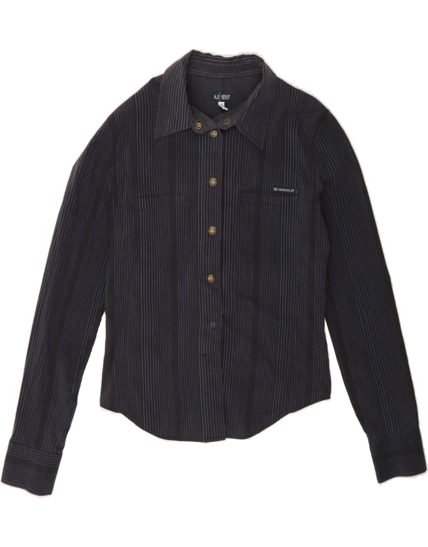 Unisex style Tailored Cut ARMANI JEANS Womens Shirt UK 10 Small  Navy Blue Striped Cotton