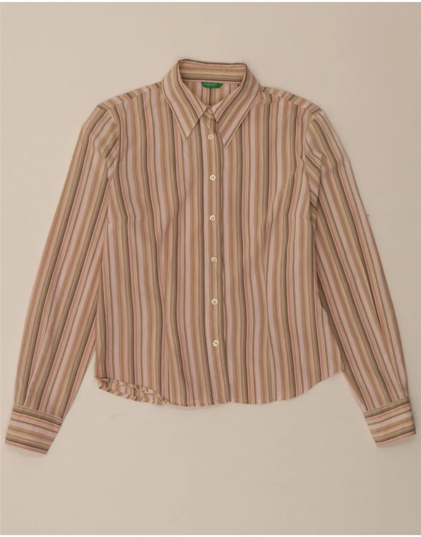 BENETTON Womens Shirt UK 12 Medium Beige Striped Cotton Weekend Outing