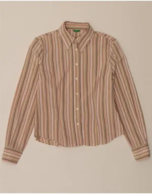 BENETTON Womens Shirt UK 12 Medium Beige Striped Cotton Weekend Outing