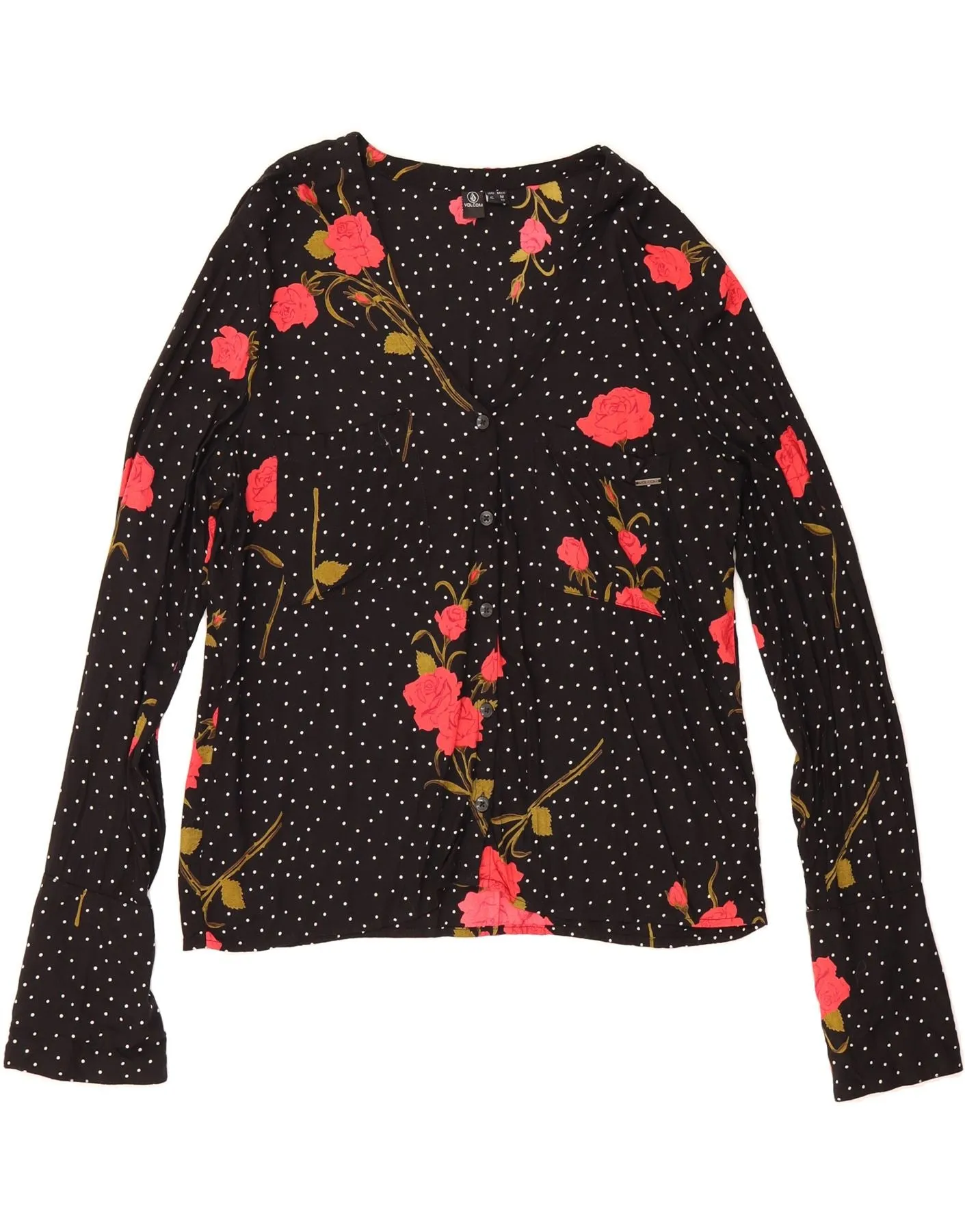 VOLCOM Womens Shirt Blouse US 8 Medium Black Floral Viscose Layering Essential
