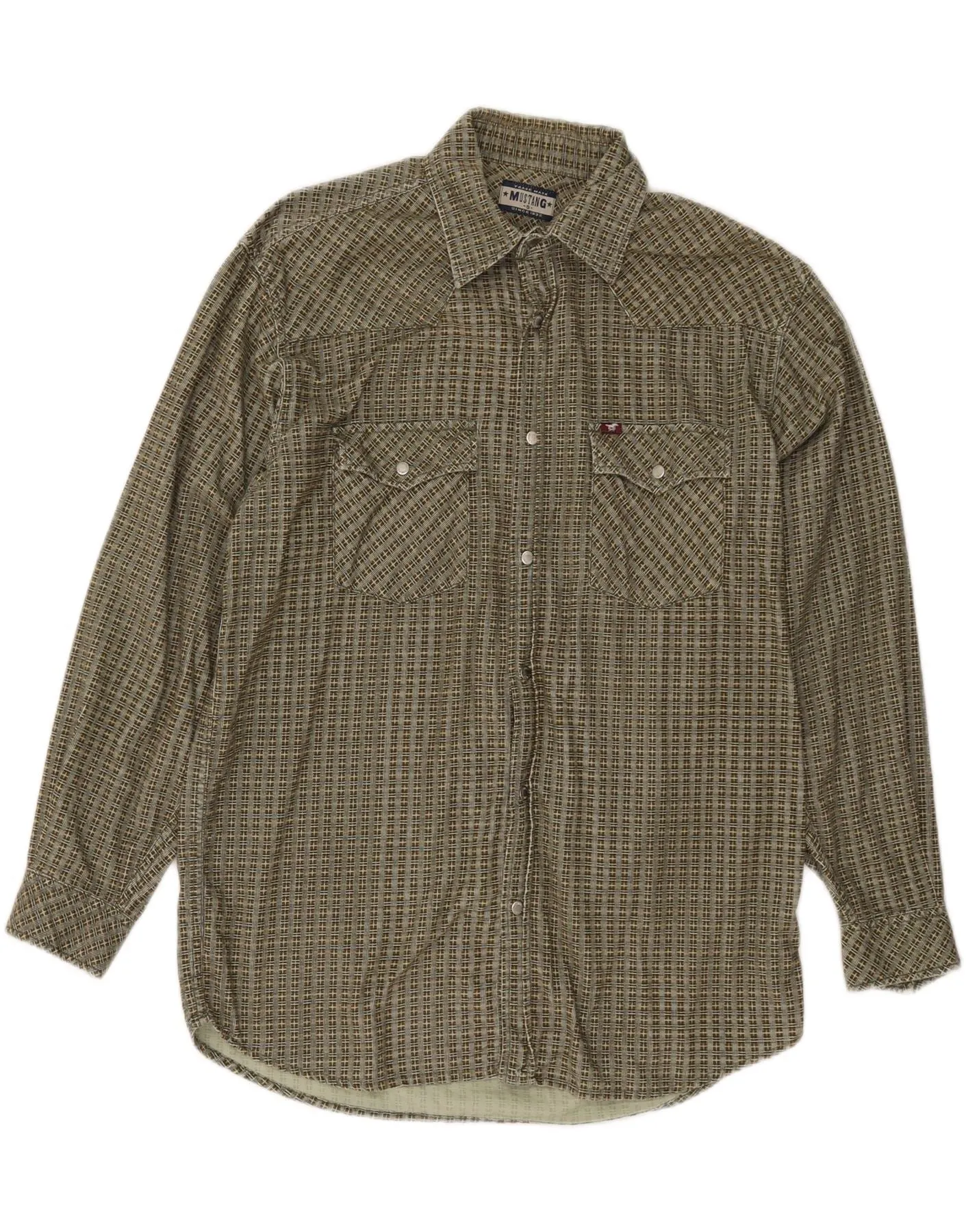 MUSTANG Mens Shirt Small Green Check Cotton Workwear Style Layering Essential