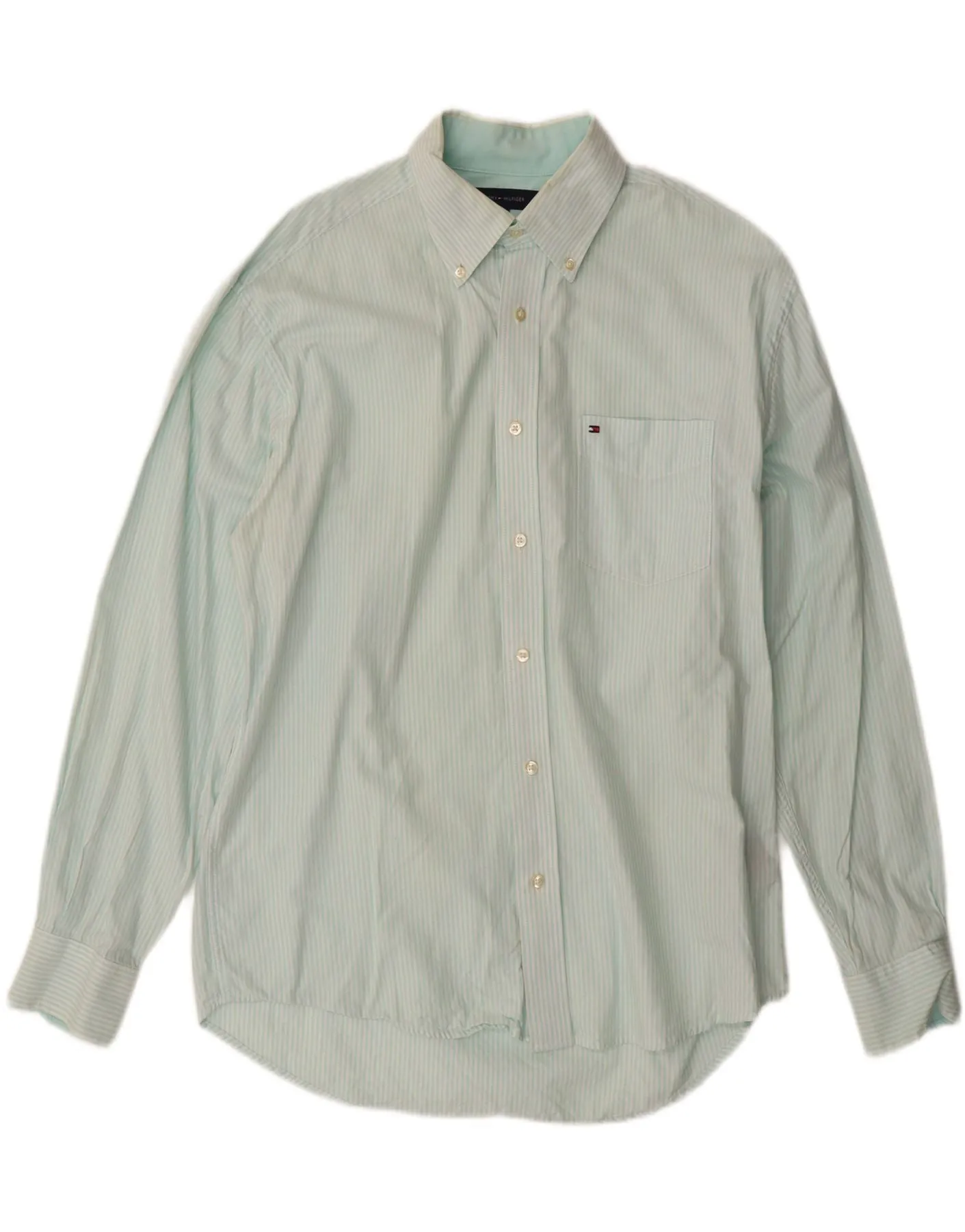 Smooth Texture TOMMY HILFIGER Mens Shirt Medium Turquoise Pinstripe Cotton