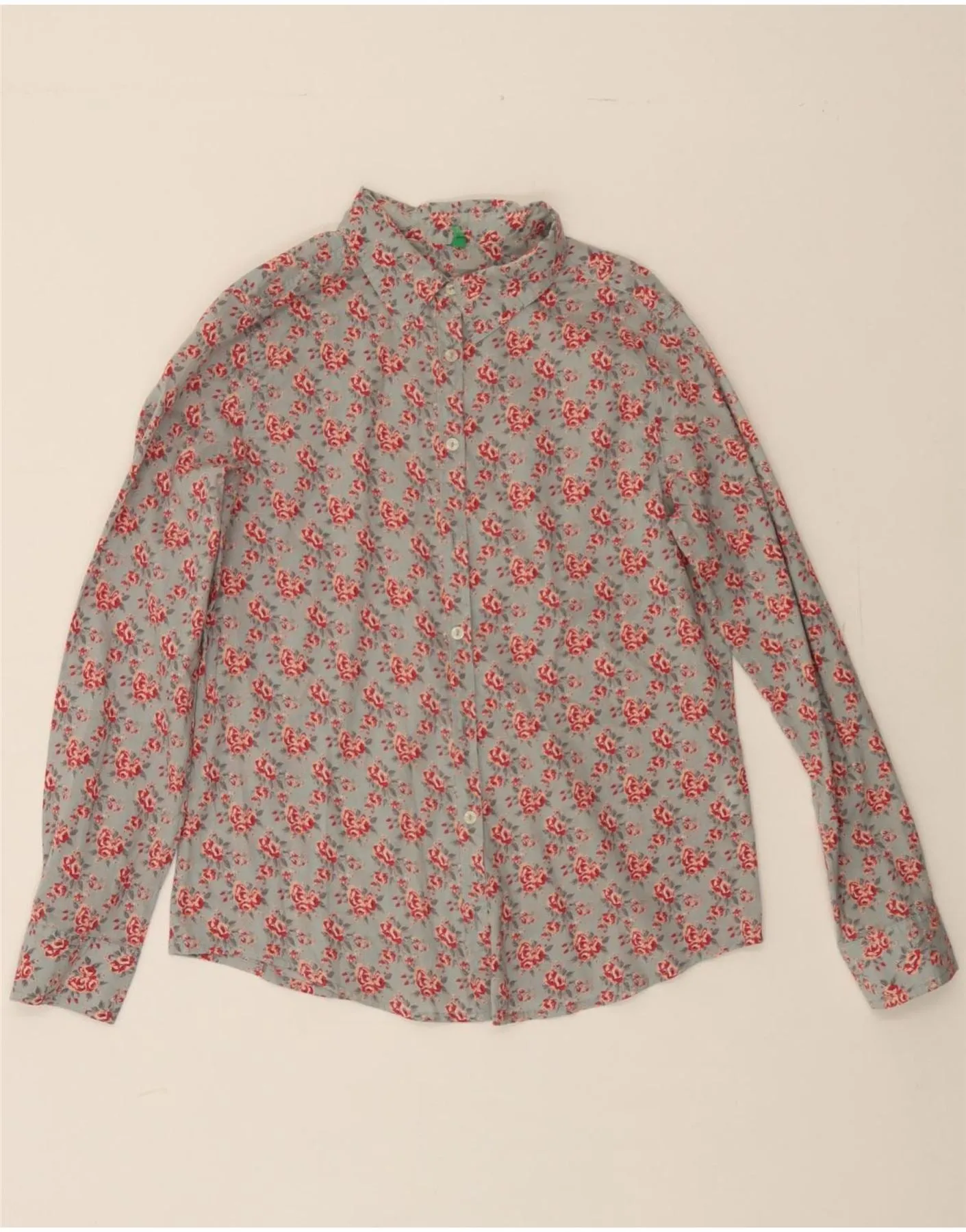 BENETTON Womens Shirt UK 10 Small Grey Floral Cotton Layered Hemline Reinforced Side Vents