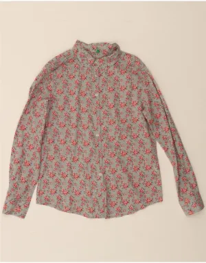 BENETTON Womens Shirt UK 10 Small Grey Floral Cotton Layered Hemline Reinforced Side Vents
