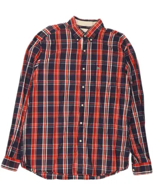 LACOSTE Mens Regular Fit Shirt Size 43 Large Navy Blue Check Cotton Adjustable Cuffs Durable Fabric