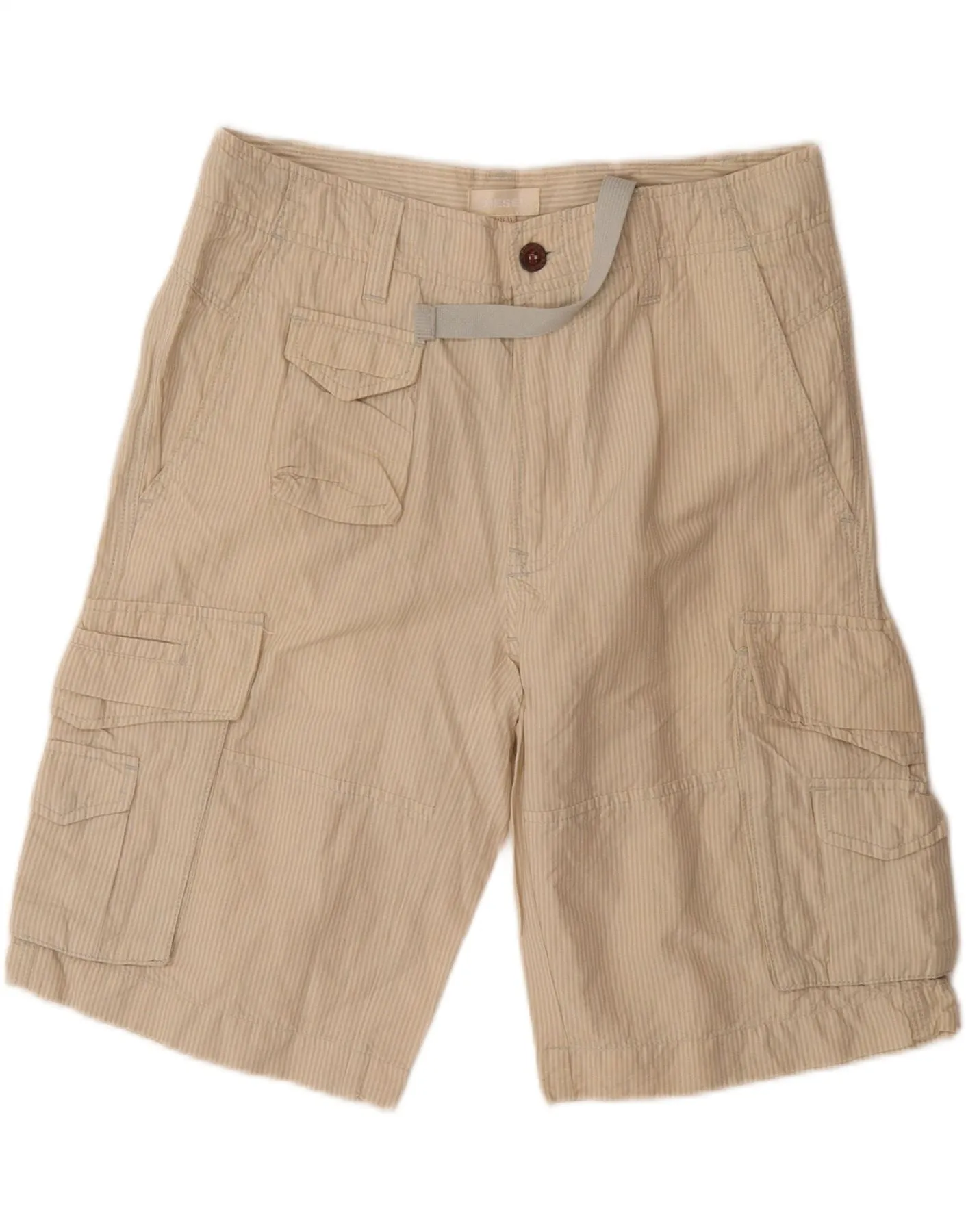 DIESEL Mens Cargo Shorts  W31 Medium Beige Striped Linen Sweat Wicking Fabric