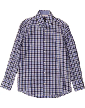 HUGO BOSS Mens Regular Fit Shirt Size 39 15 1/2 Medium Blue Check Cotton Neutral Toned Stitching