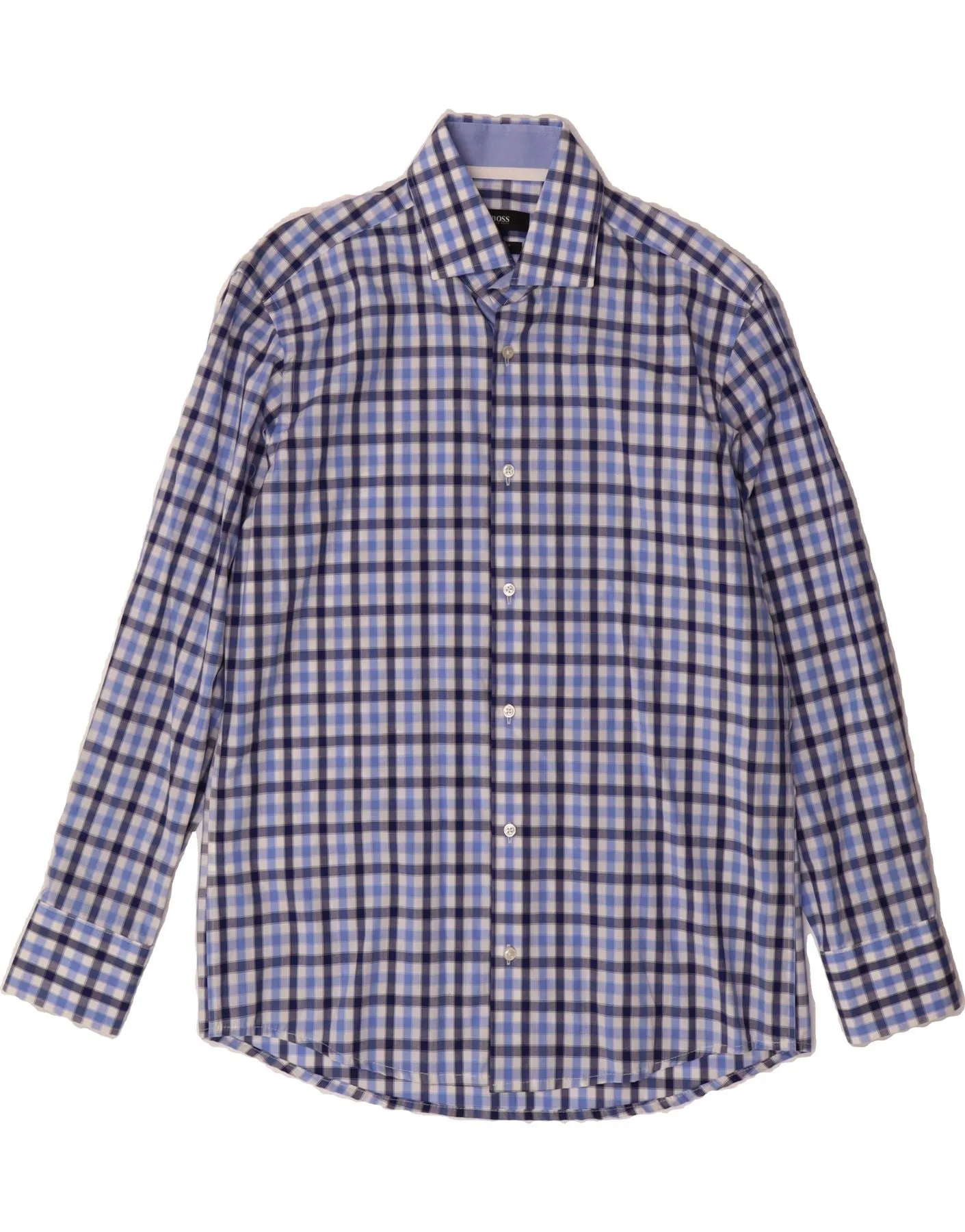 HUGO BOSS Mens Regular Fit Shirt Size 39 15 1/2 Medium Blue Check Cotton Neutral Toned Stitching