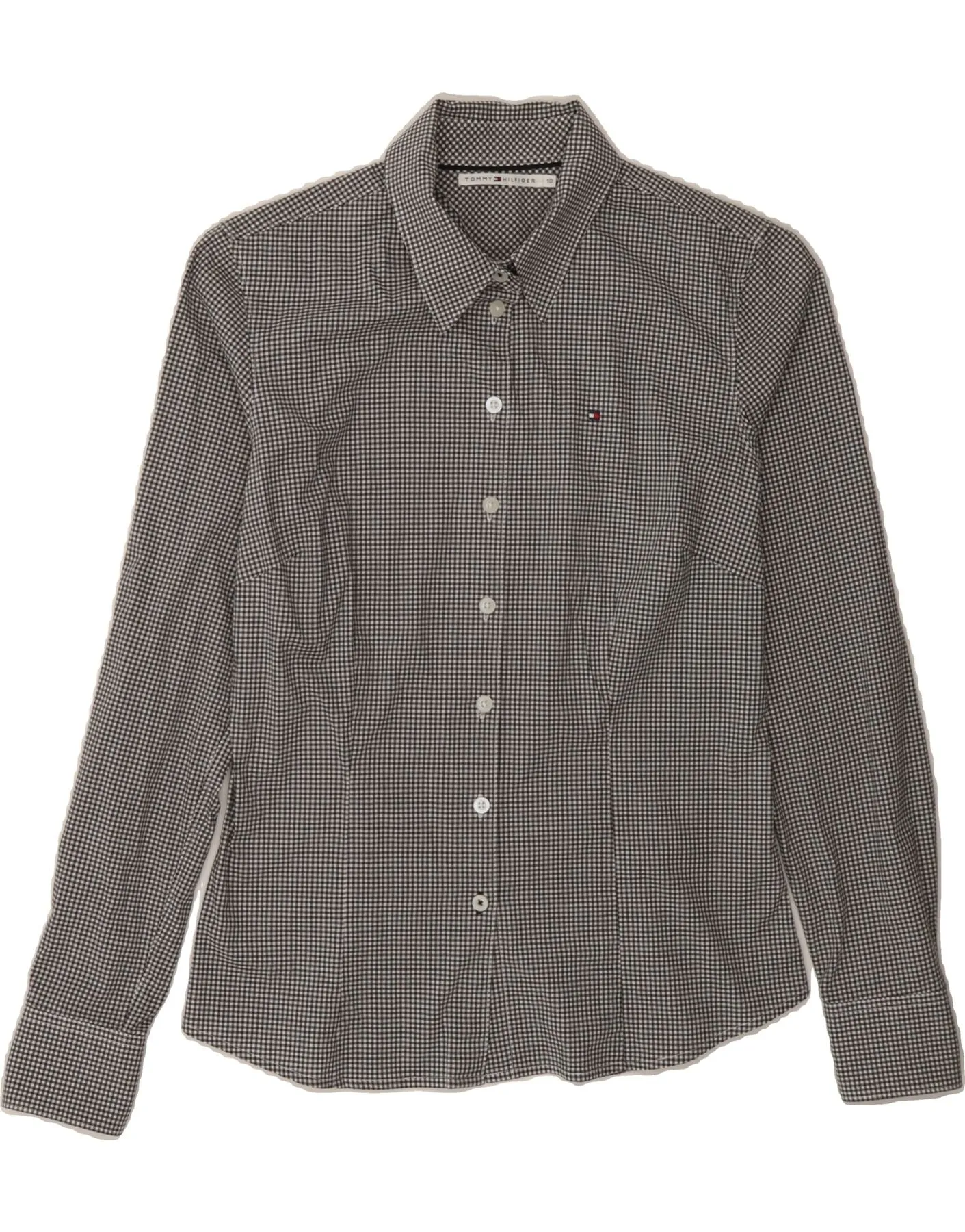 TOMMY HILFIGER Womens Shirt UK 10 Small Black Check Cotton Black Tie Optional Plaid Design