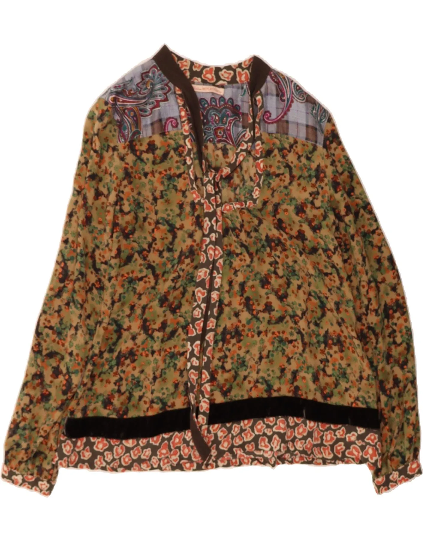 Backpacking Trip Checkered Print REPLAY Womens Shirt Blouse Small Brown Floral Silk