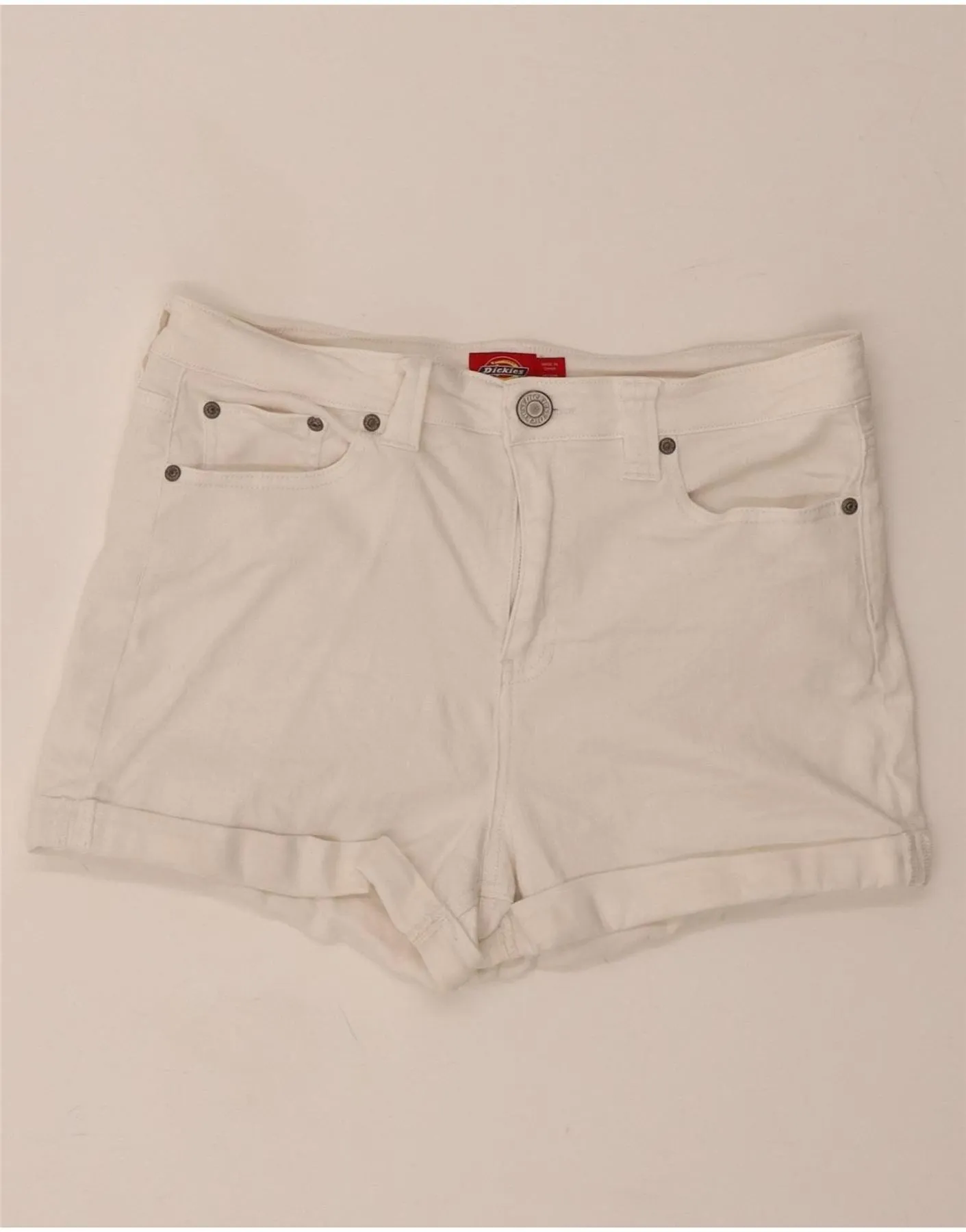 DICKIES Womens High Waist Denim Shorts US 11 Large W30  White Cotton Durable Thread Construction Sporty Look