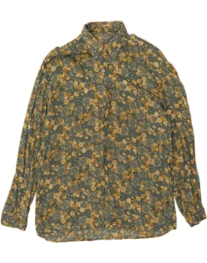 VINTAGE Womens Shirt UK 14 Medium Green Floral Cotton Effortless Comfort Gym Companion