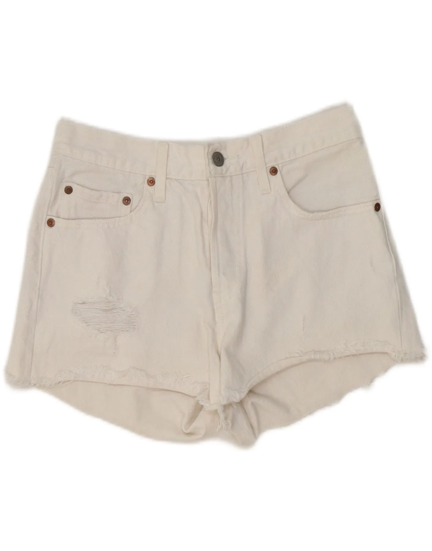 Anti Pill Treatment High Neck LEVI'S Womens Distressed Denim Shorts W27 Small White Cotton