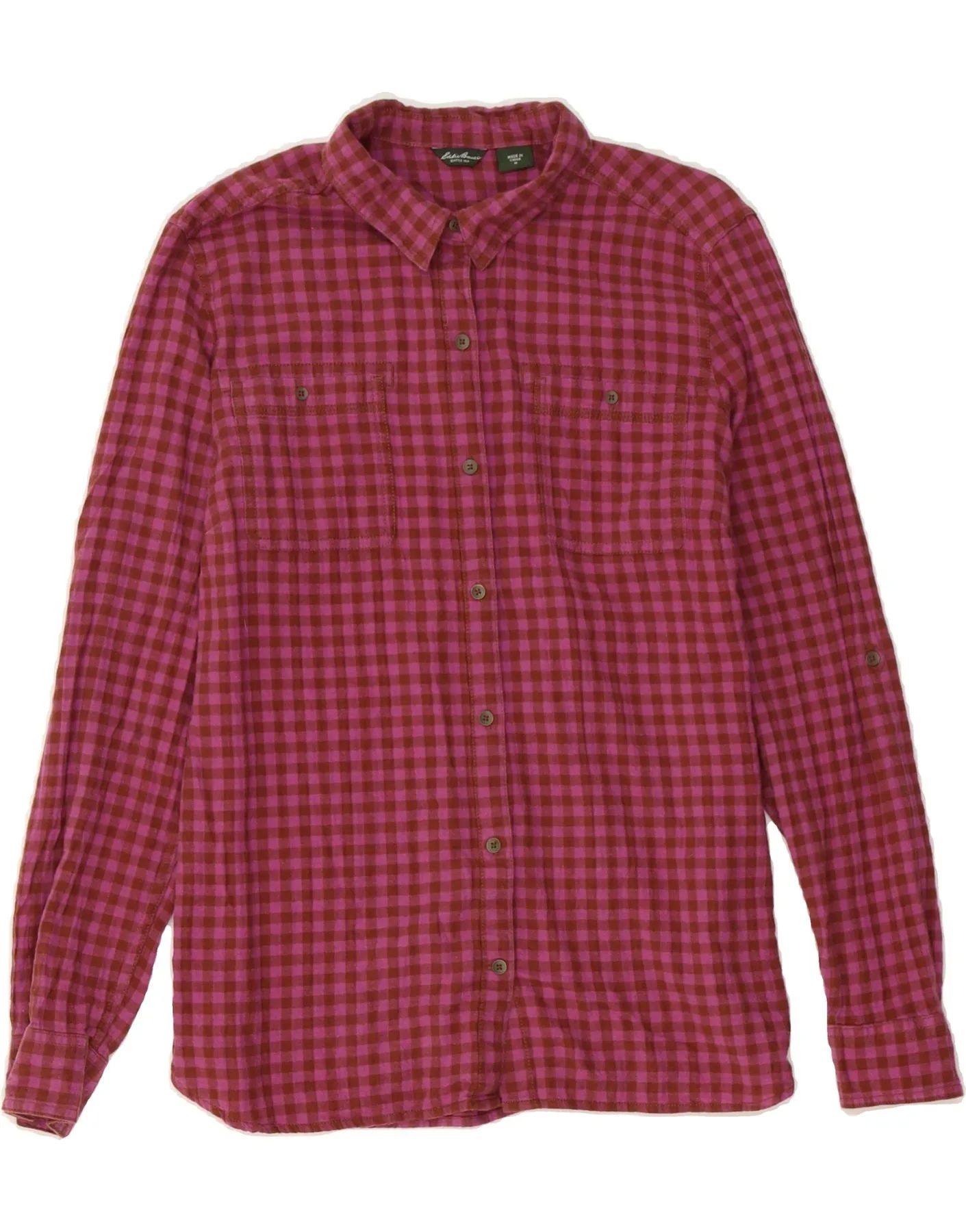 High Neck Premium Finish EDDIE BAUER Womens Shirt UK 14 Medium Pink Gingham Cotton