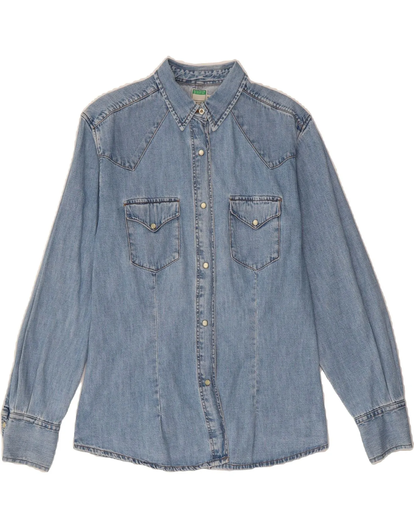 Distressed finish BENETTON Womens Denim Shirt IT 44 Medium Blue Cotton