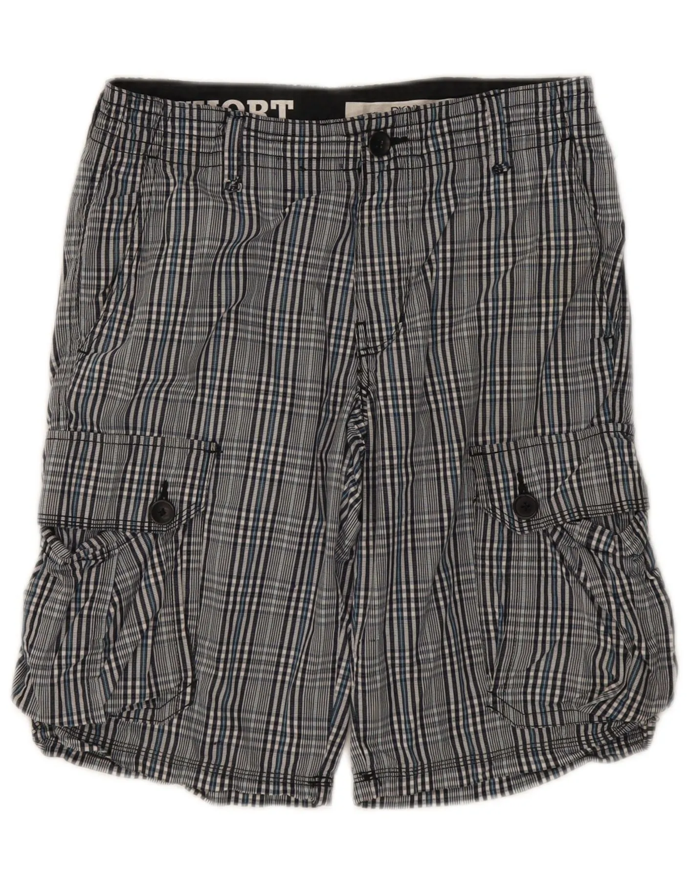 Tactical Attachment Loops DKNY Mens Cargo Shorts W30 Medium Blue Check Cotton