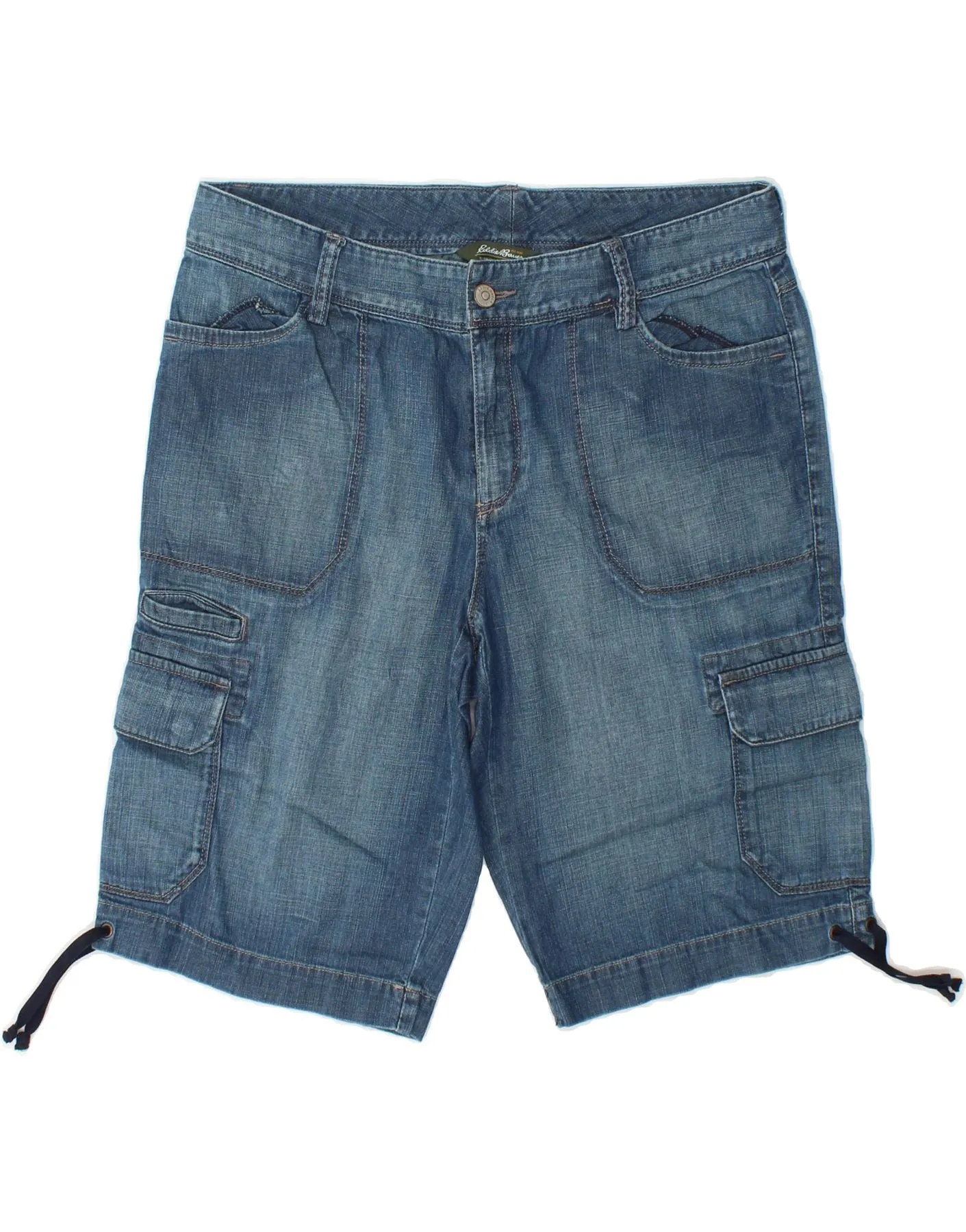 EDDIE BAUER Womens Denim Cargo Shorts US 10 Large W34 Blue Cotton Checkered Style