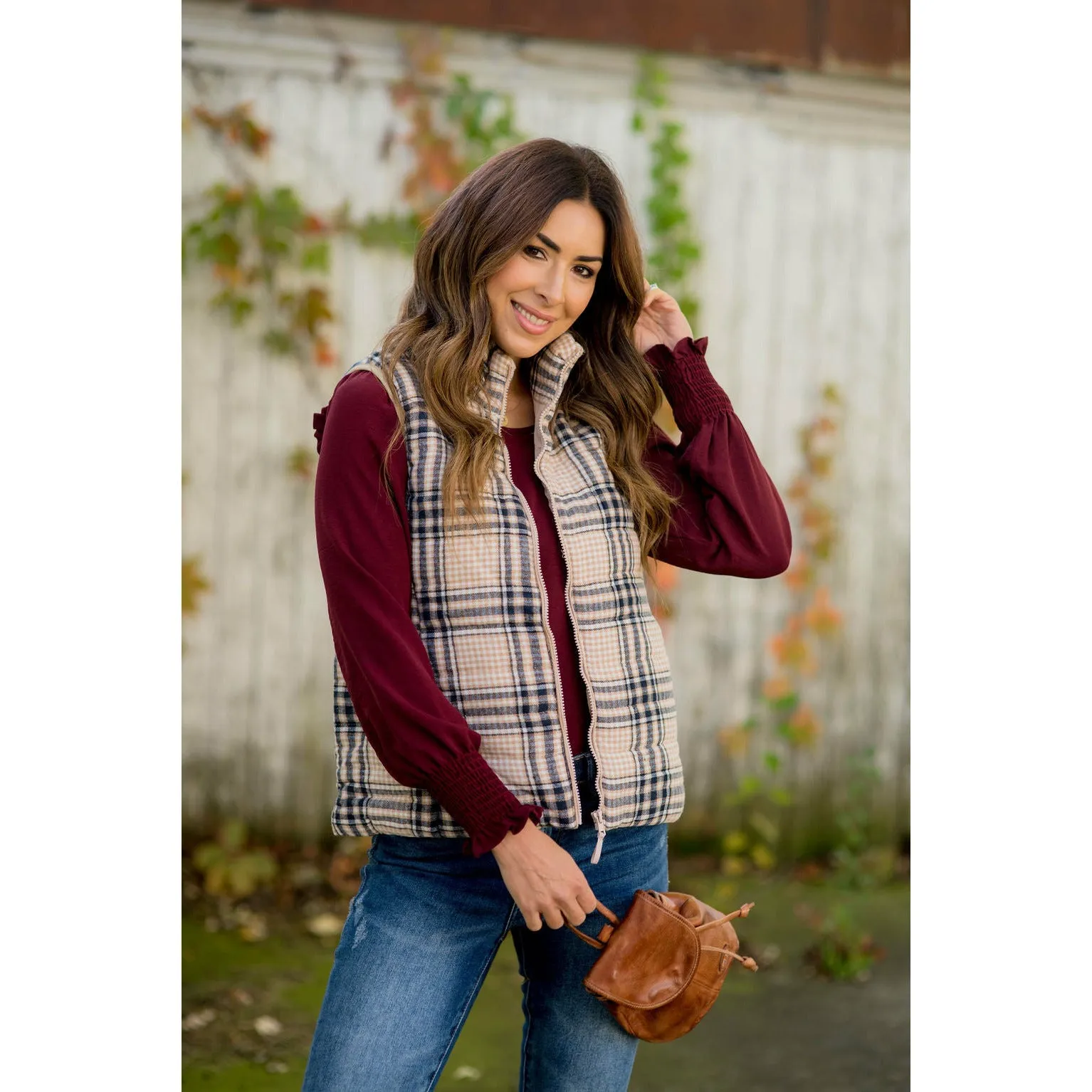 Adjustable Waistband synthetic materials Zipper Plaid Puffer Vest